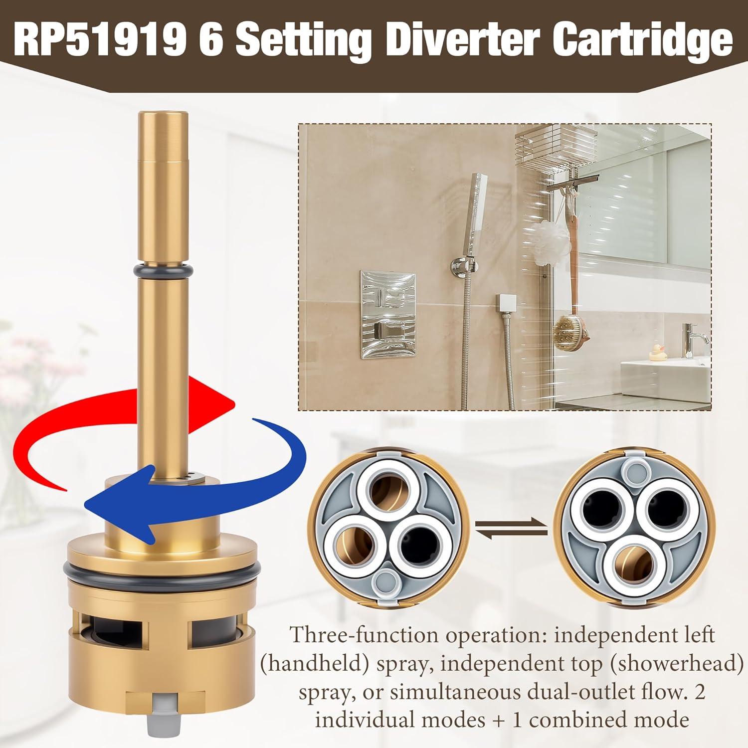 2 Pack RP51919 Replacement Part for Delta Faucet, 6 Setting Diverter Cartridge 6 way shower diverter valve Compatible with R11000,R22000 Replace Faucet Replacement Part, Brass & No Leakage
