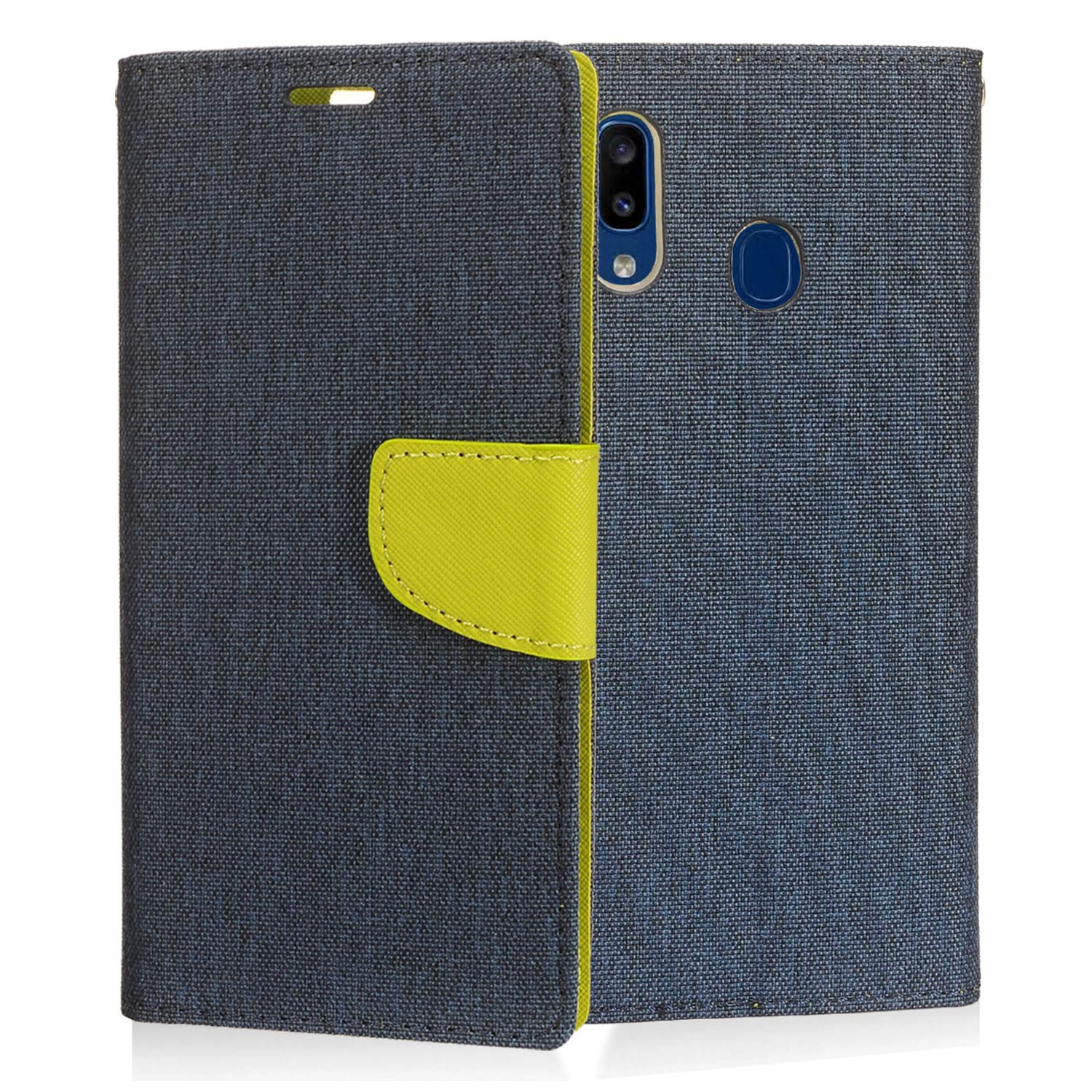 Compatible with Samsung Galaxy A20 SM-A205 - Denim Fabric Flip Wallet Phone Case - CT5 Green/Dark Blue