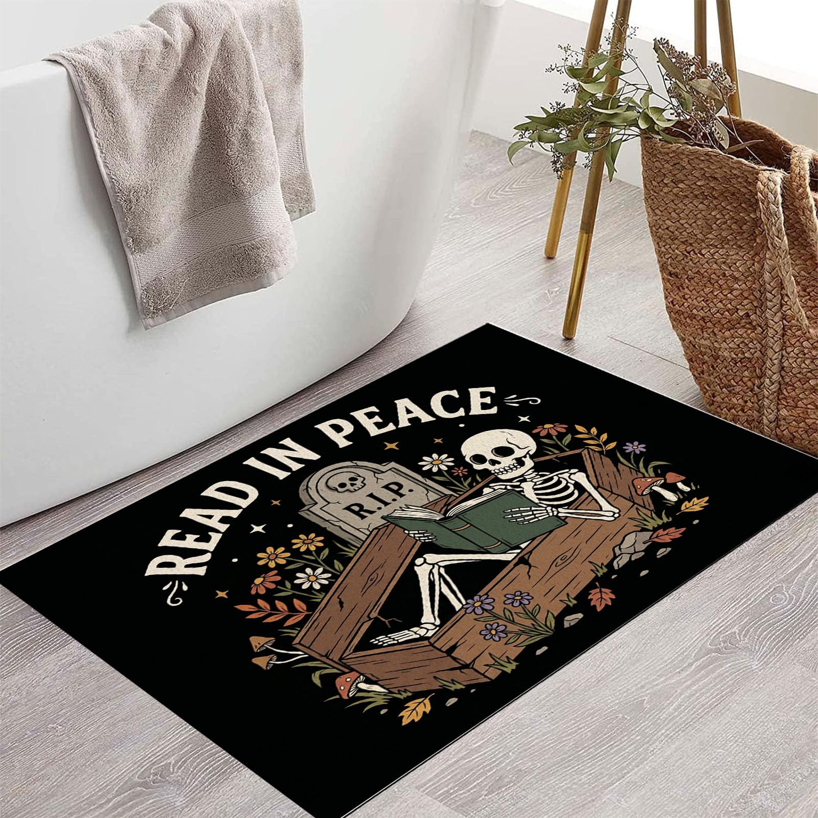 Ultradünne Lustiger Leseschädel Fußmatte Für Innenbereich, 80X120Cm Waschbar Teppich Für Eingangsbereich, Cartoon-Friedhofsplakat Schmutzfänger Fussmatten, Schwarz rutschfeste Eingangsmatte