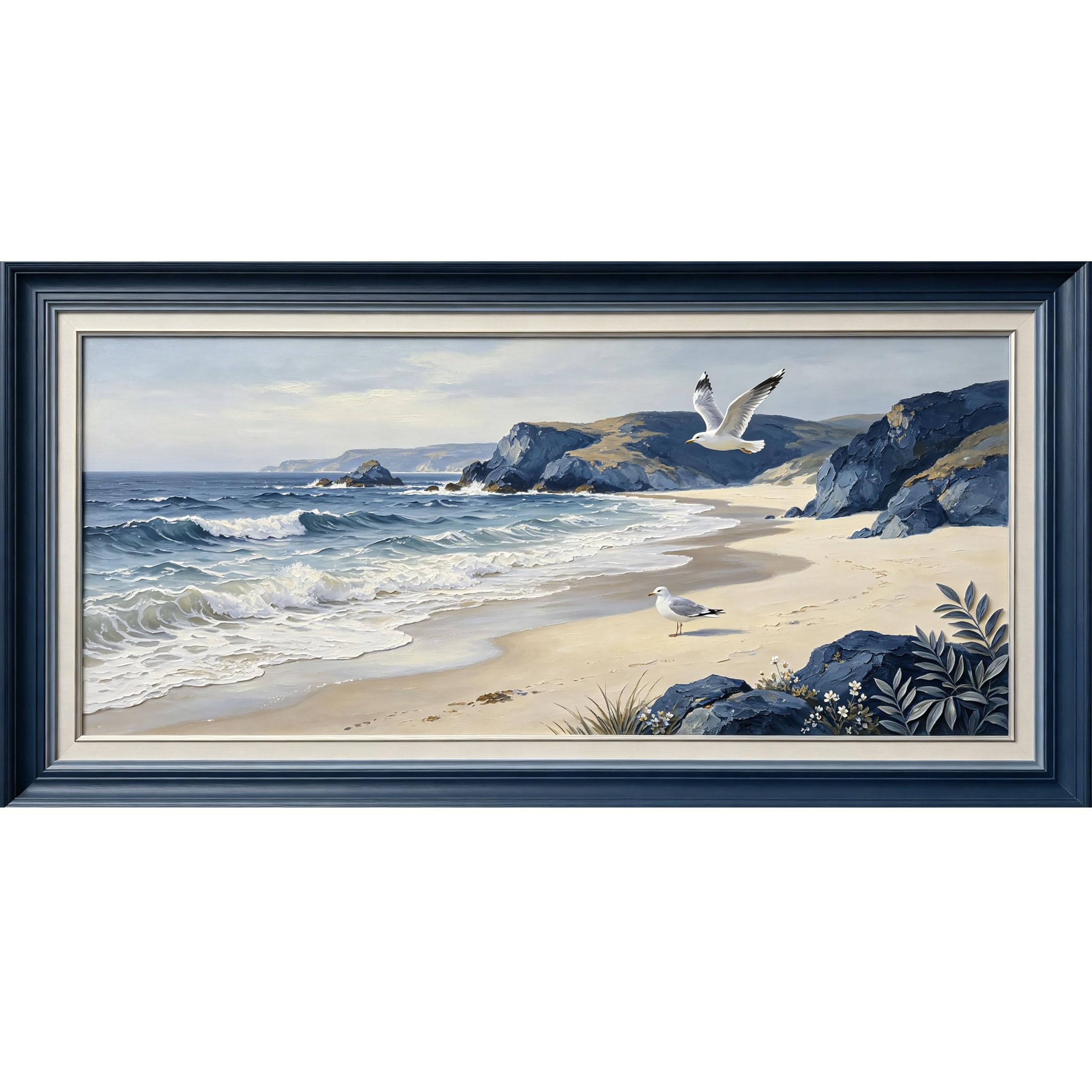Agglomerix 3D Framed Wall Art Coastal Marine Landscape Oil Painting Seascape Ocean Waves Seagulls Rocks Large Size SelfAdhesive Removable Wall Decor Prints Artwork for Living Room Bedroom Office