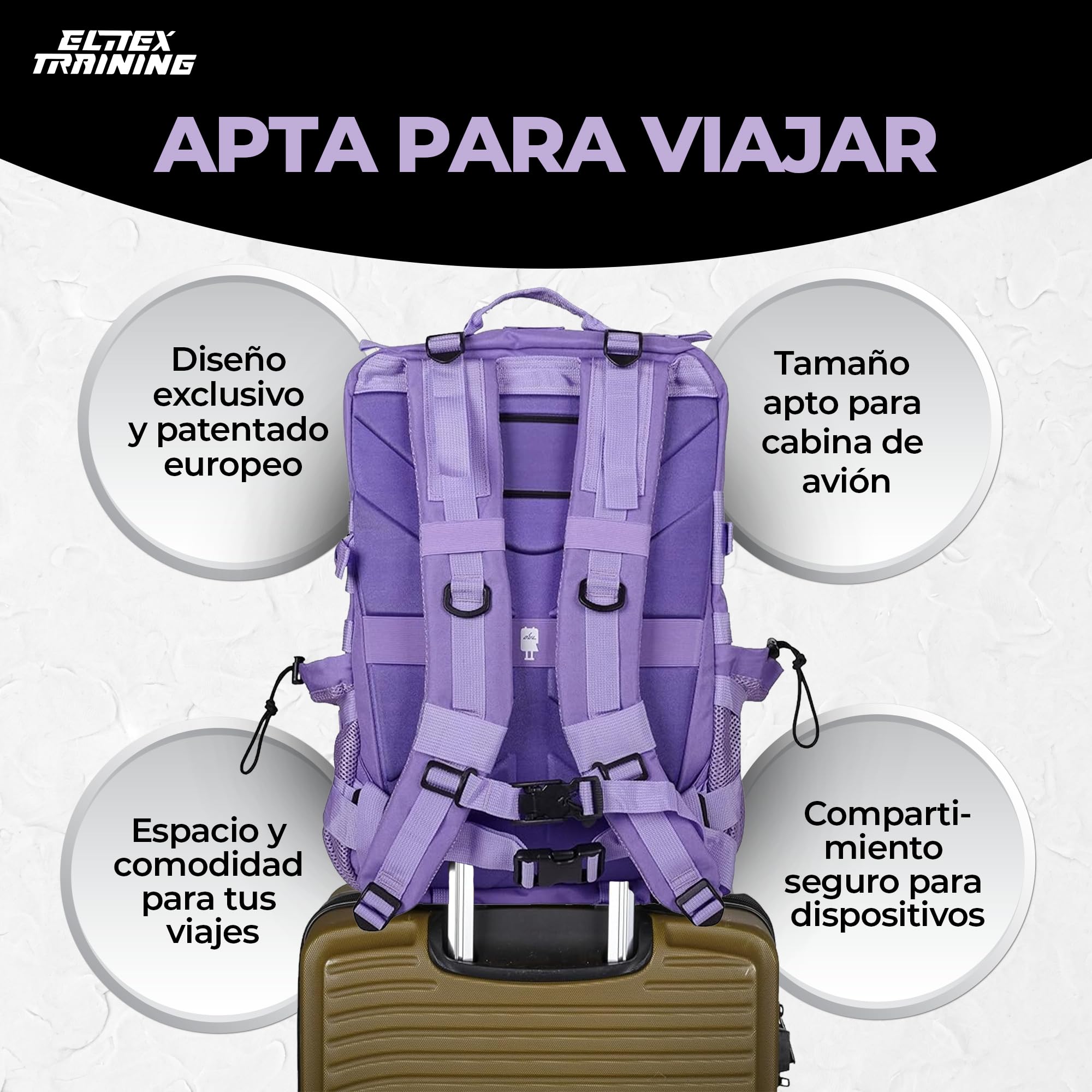 ELITRAINX Mochila Táctica 45L – Mochila Cabina Avión 40x20x25, Crossfit, Oxford 1000D Impermeable, Compartimento Zapatillas, Gimnasio, Hombre y Mujer (Lavanda) — view 3