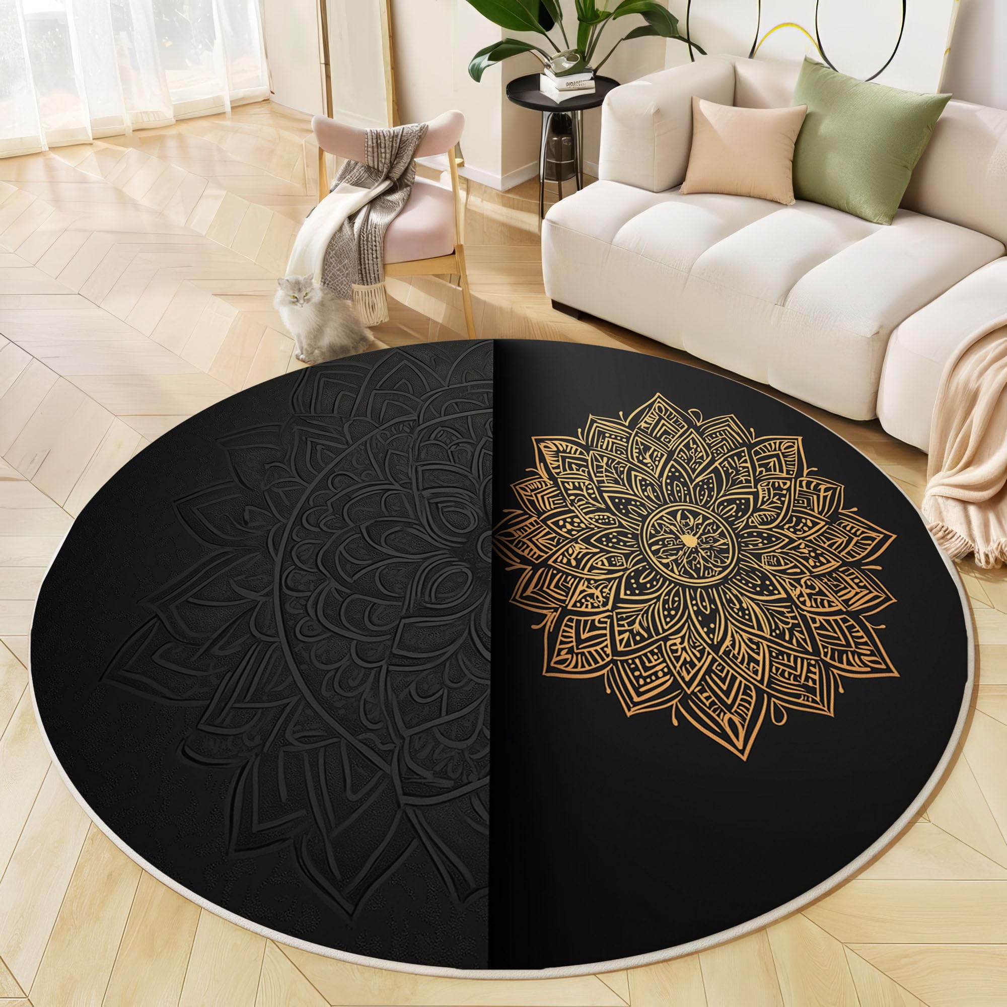 3D-Effekt Teppich Rund, 100cm Kurzflor rutschfest Teppiche Mandala Teppich Runder for Wohnzimmer Schlafzimmer Studie Heimbüro Pflegeleicht, Schwarz