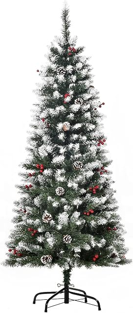 HOMCOM 5FT Artificial Christmas Tree Xmas Pencil Tree with Red Berries and Pinecones Holiday Home Indoor Decoration with Foldable Feet, Green