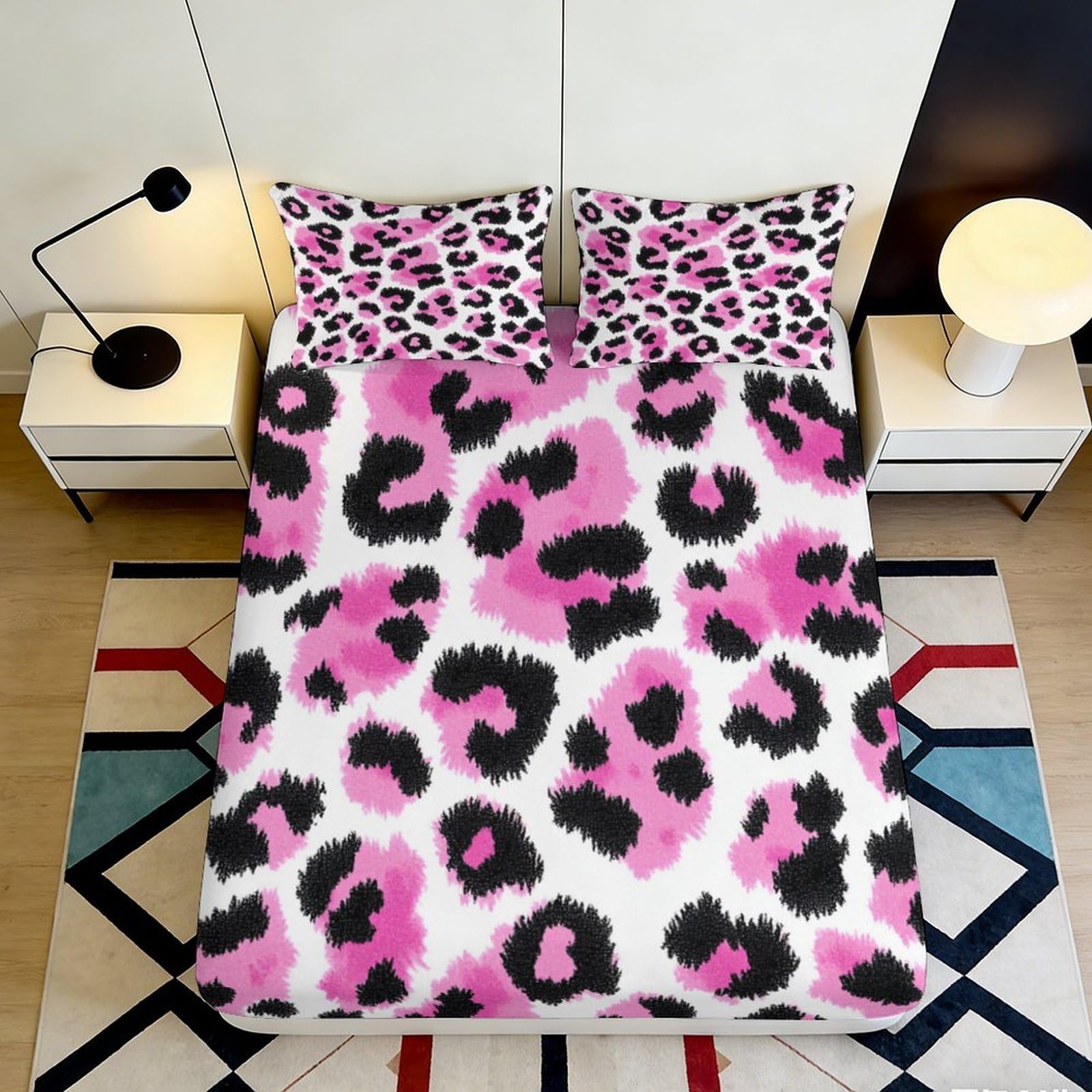 Uynsixtme Style-9 3D Printed Pink Leopard Fitted Sheet Microfiber Deep Pocket Full Wrap Leopard Mattress Fitted Cover Non-Slip Washable For Bedroom 200X200x25cm