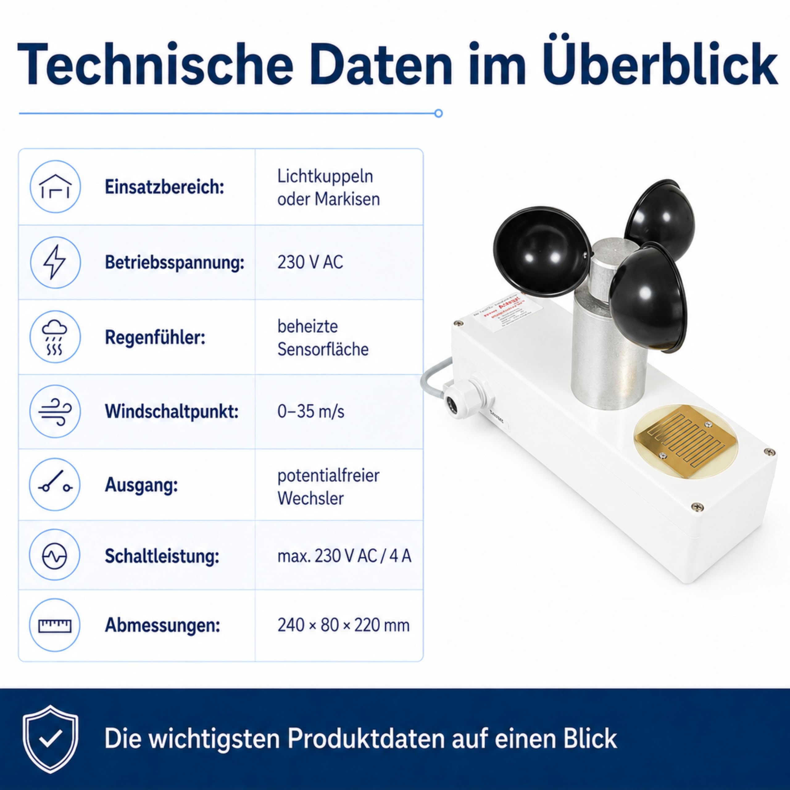Wind und Regensensor Typ-Europa / 230V Sensor-Kombination mit beheizter Regenfühlerfläche - einstellbarem Windschaltpunkt - Masthalterung für Lichtkuppeln und Markisen