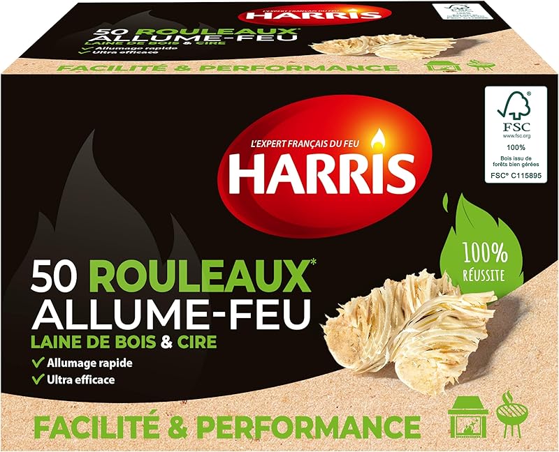 HARRIS - 50 Rouleaux Allume-feu - 100% naturels - Laine de Bois & Cire - Allumage Rapide - Ultra Efficace - Etui Carton refermable - Bois FSC - Fabrication Française - x50