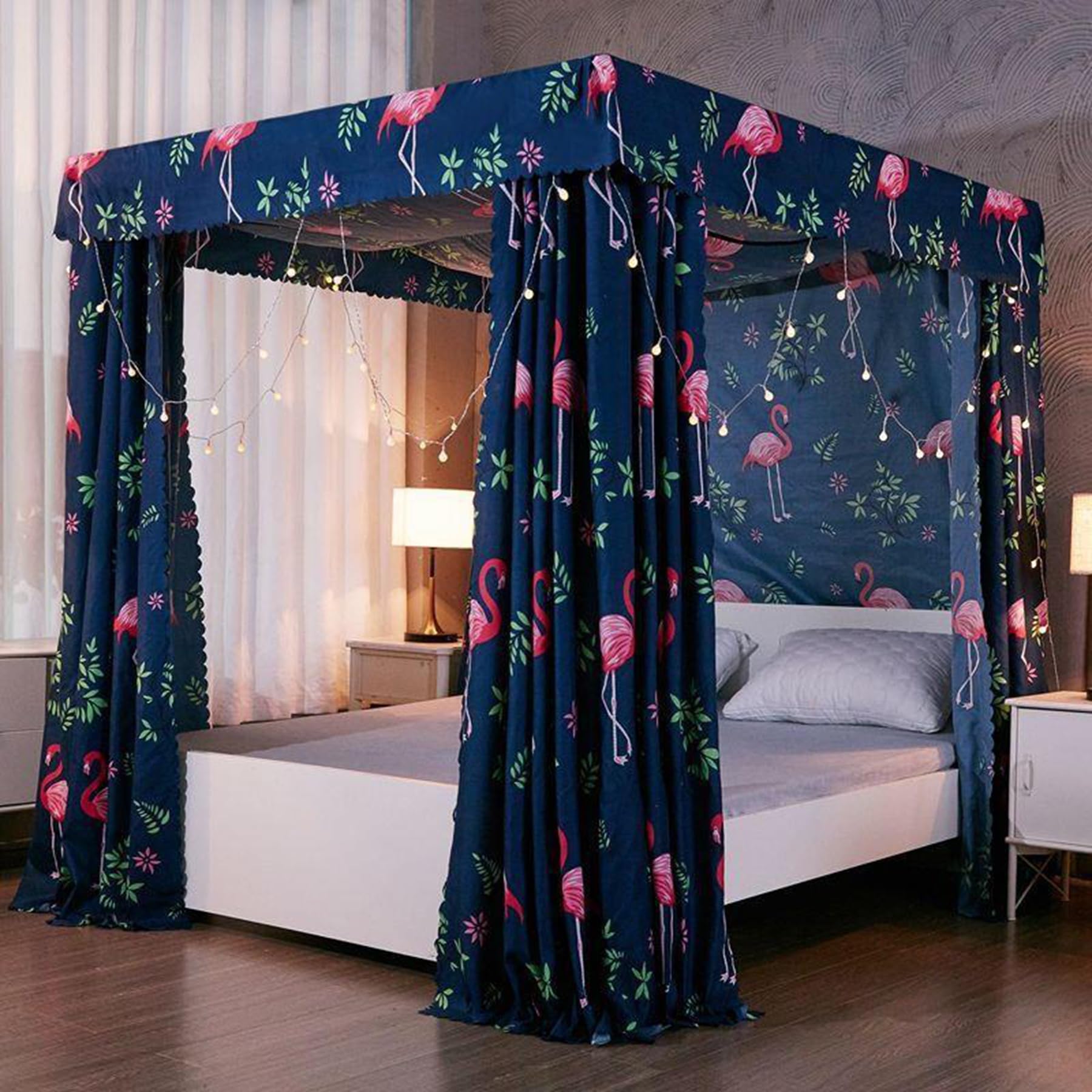 Square One Piece 4 Corner Mosquito Netting Bracket, Stainless Steel Mosquito Net Frame, Bed Stand Canopy Post with Curtain, for Bed,D,QUEEN