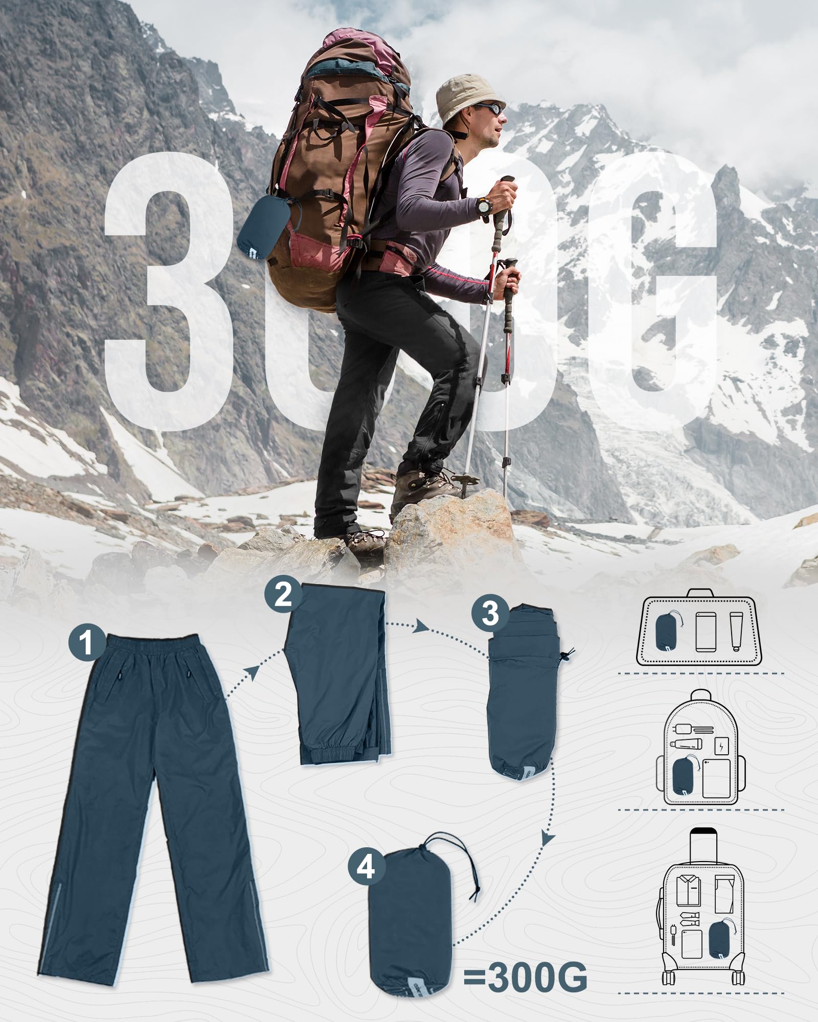 Outdoor Ventures Pantalones de lluvia para hombre, para bicicleta, impermeables, transpirables, resistentes al viento, ligeros, plegables