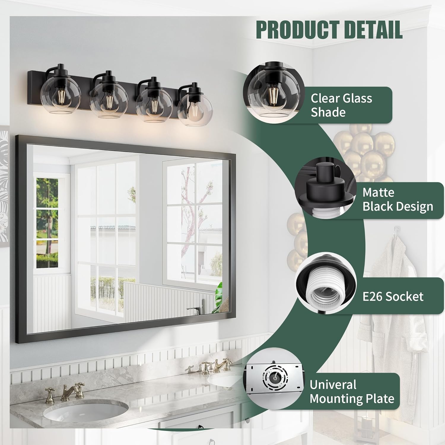 Espird Bathroom Light Fixtures-Matte Black Vanity Lights for Bathroom, Modern Black Vanity Lights 4-Light Bathrooms Lighting Fixtures Over Mirror with Clear Glass Shade