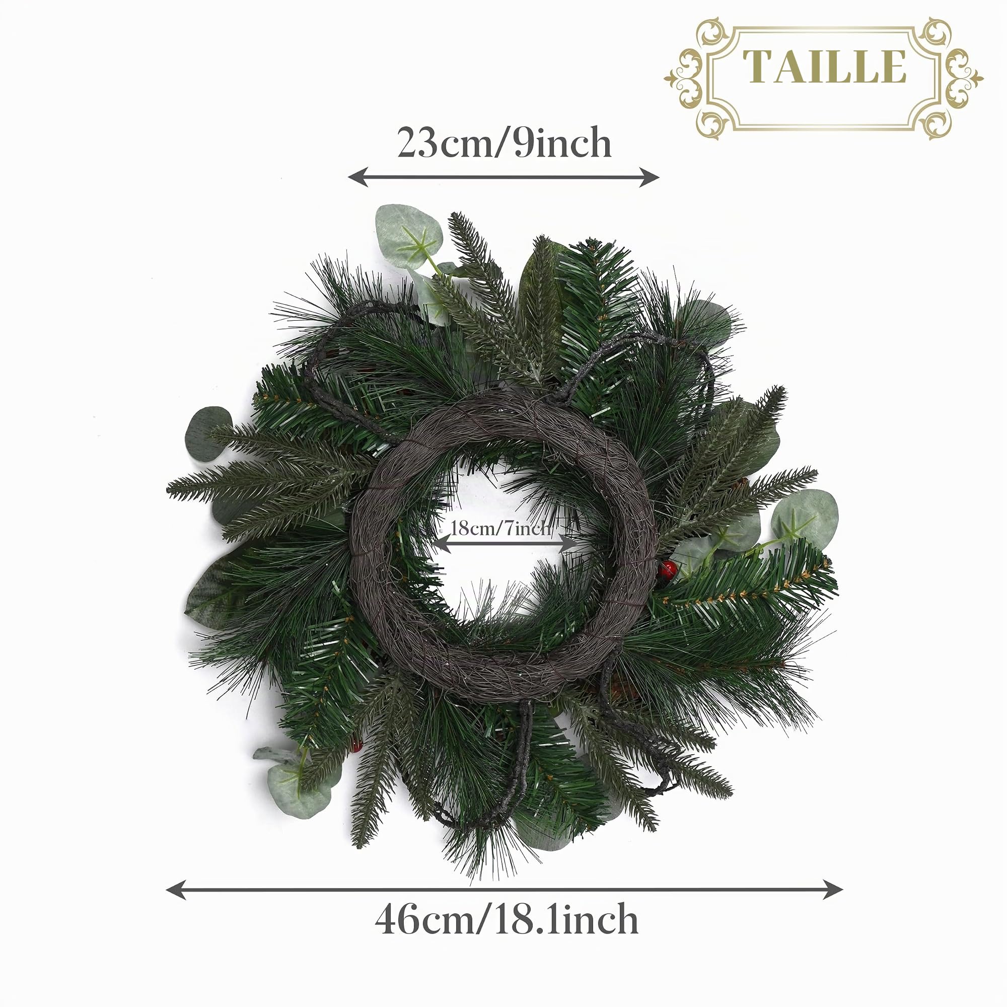 Valery Madelyn 46cm Couronne de Noël Lumineuse pour Décoration de Noel, Guirlande Rouge Verte pour Deco Noël avec lumières LED, Pomme de Pin pour Porte d'Entrée, Fenêtre, Mur, Cadeaux
