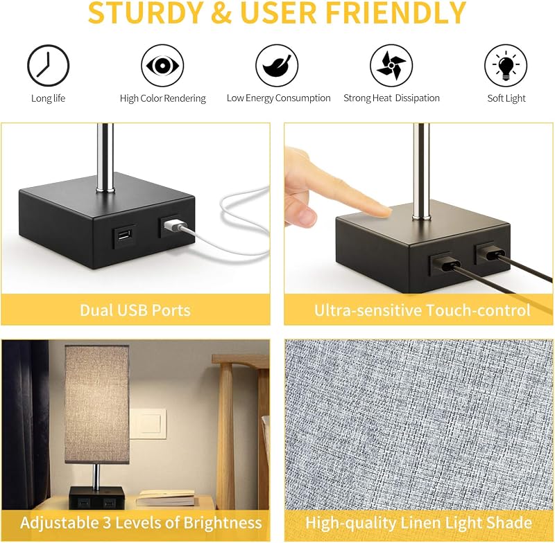 Lovebay Érintésvezérelt Asztali Lámpa Szürke - Szabályozható Fényerő, 2 USB Töltőport, Szemkímélő LED, Hálószobába, Nappaliba