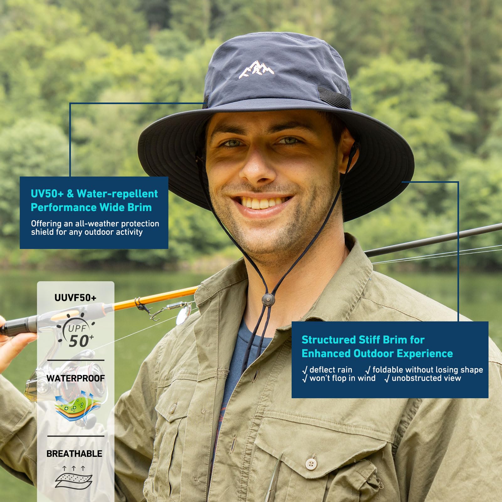 TOP-EX Waterproof Mens Bucket Sun Bucket Hat, Boonie Hiking Fishing Beach Safari Hats for Summer Rain Cap Shade Outdoor - UV Protection SPF Wide Brim Sunhat, Green XL/XXL