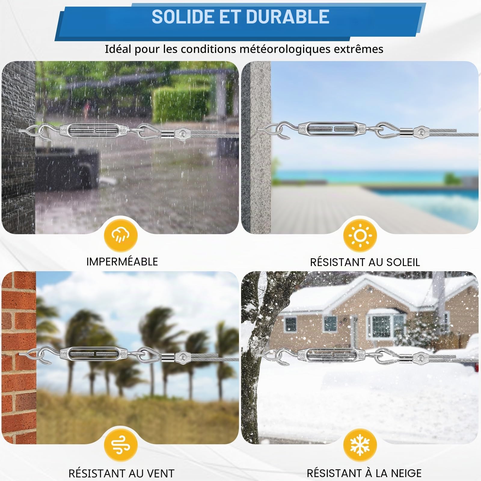 Kit de câble métallique de 50m/2mm,304 Cable Acier Inoxydable de PVC,Suspension de Guirlandes lumineuses en Extérieur,Treillis Plante Grimpante,Corde à Linge,Clôture,Cable Suspendre Kit