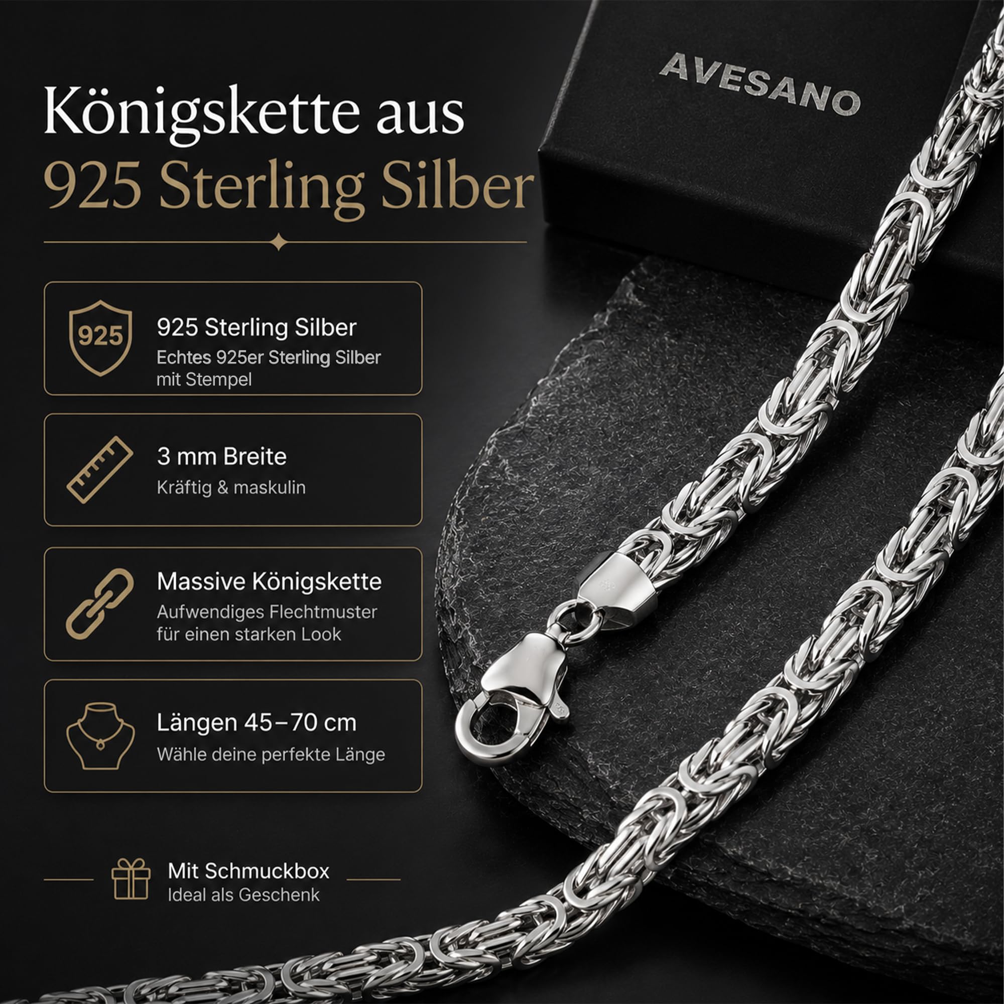 Königskette 925 Silber Kette Herren Halskette 3 mm 101095-0 | Silberkette 925er Sterling-Silber massiv mit Schmuck Box in den Längen 45 50 55 60 70 cm verfügbar