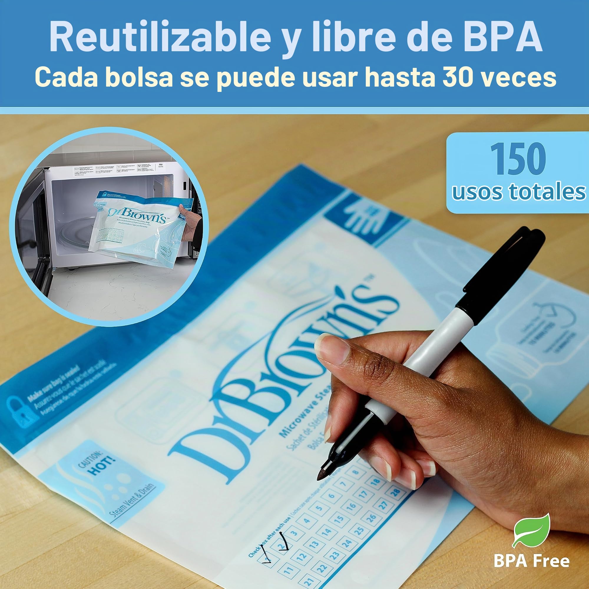 Dr. Brown’s Bolsas para Esterilizar a Vapor para Microondas – 5 Bolsitas Esterilizadoras Reutilizables para Biberones y sus Componentes, Chupetes y Otros Accesorios – Sin BPA