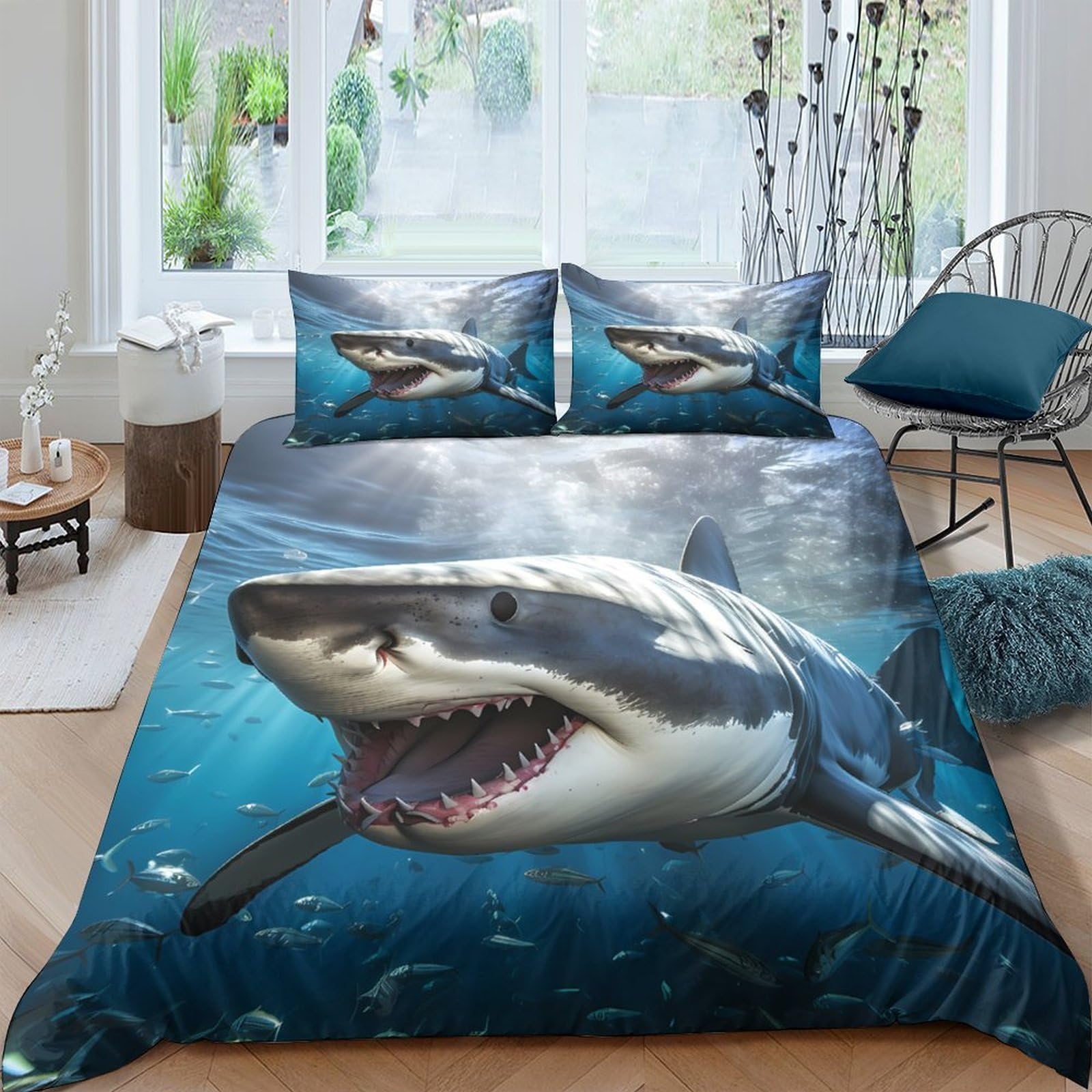 Ctjqhvkz Style-2 3D Printed Shark Ocean Fitted Sheet Microfiber Soft Breathable Underwater Predator Bed Cover For Bedroom Dorm Mattress Protection Decor Single（135X200cm）