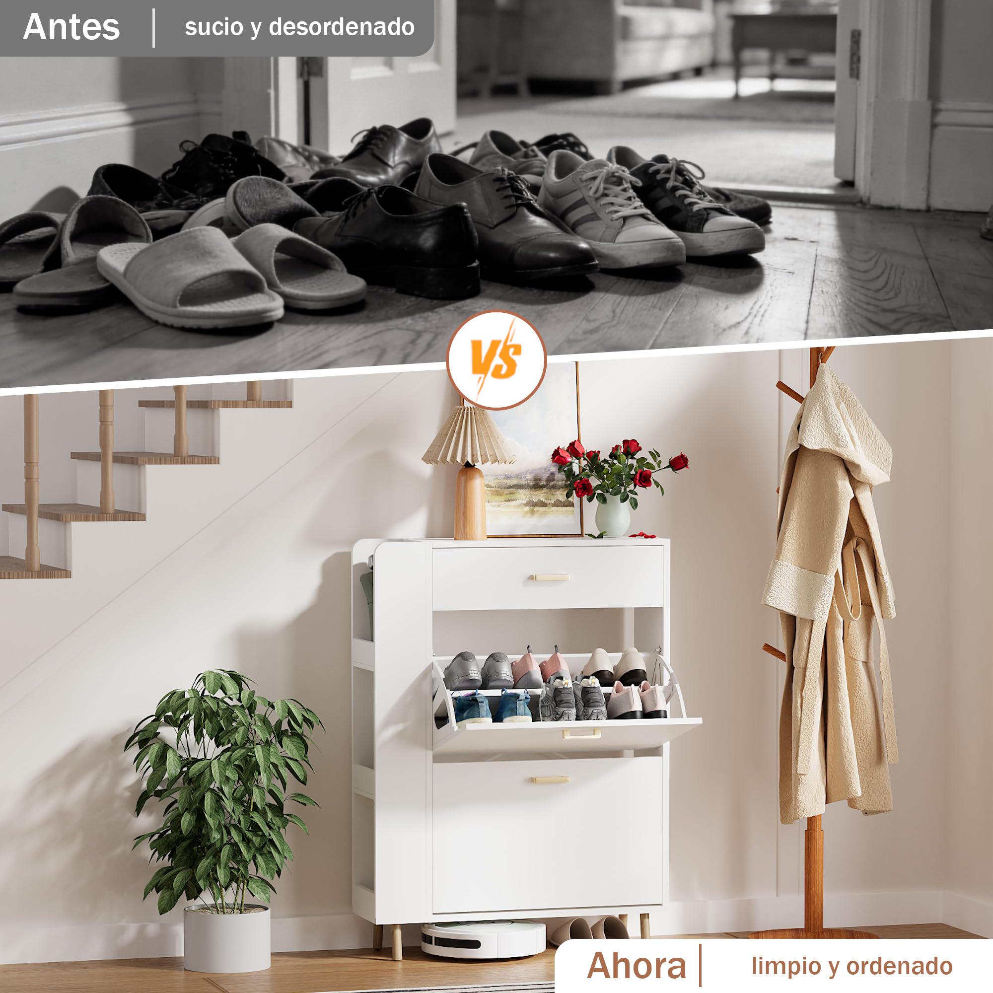 Zapatero 2 Puertas Estrecho Mueble Zapatero con 1 cajón y 3 Compartimentos de Almacenamiento con 4 Patas de Madera Maciza para Sala de Estar, Pasillo de Entrada, 80x24x110cm Blanco