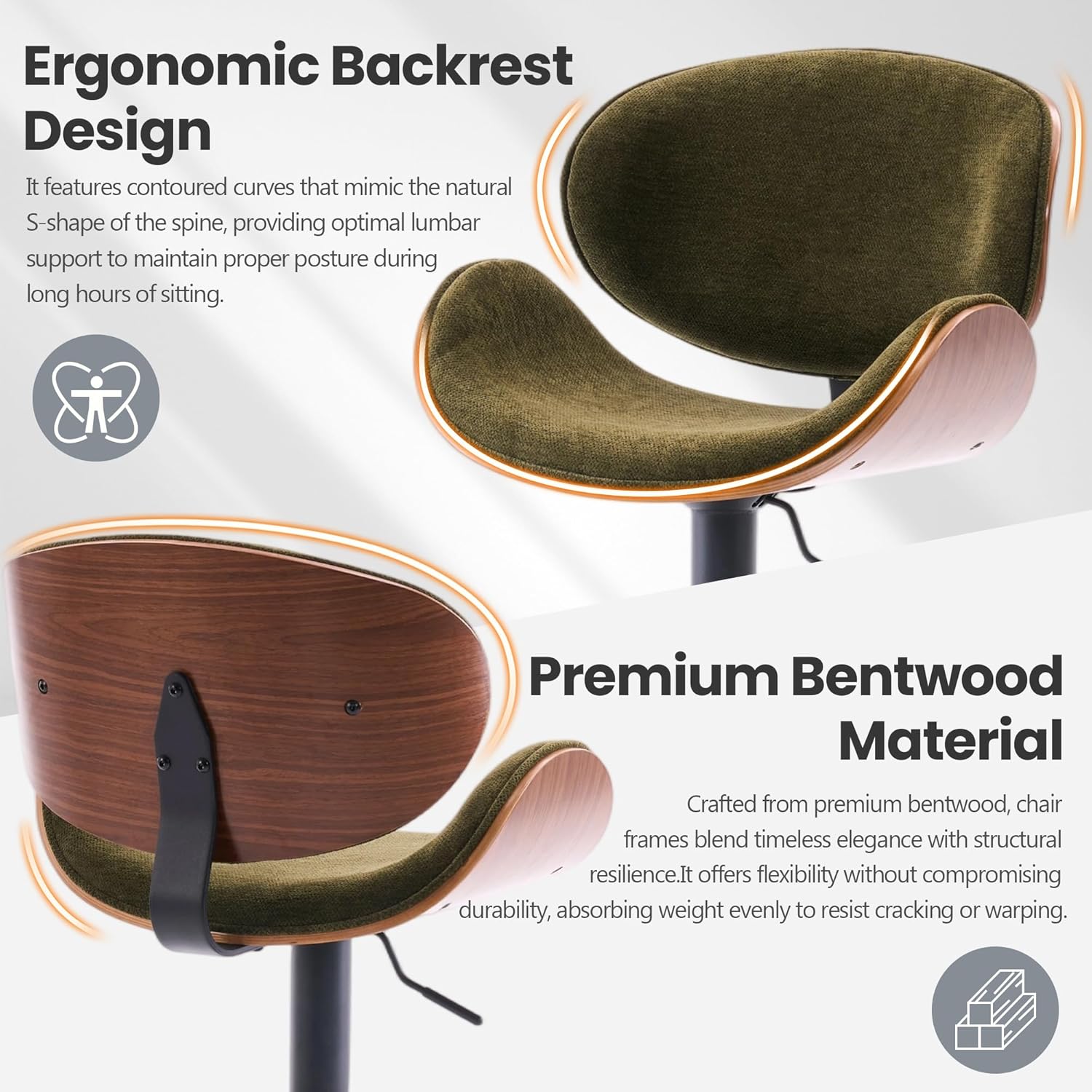 Rowill Swivel Single Bar Stool, Modern Adjustable Green Upholstered Barstools Counter Height with Backrest for Bar, Kitchen Island, Dining Room