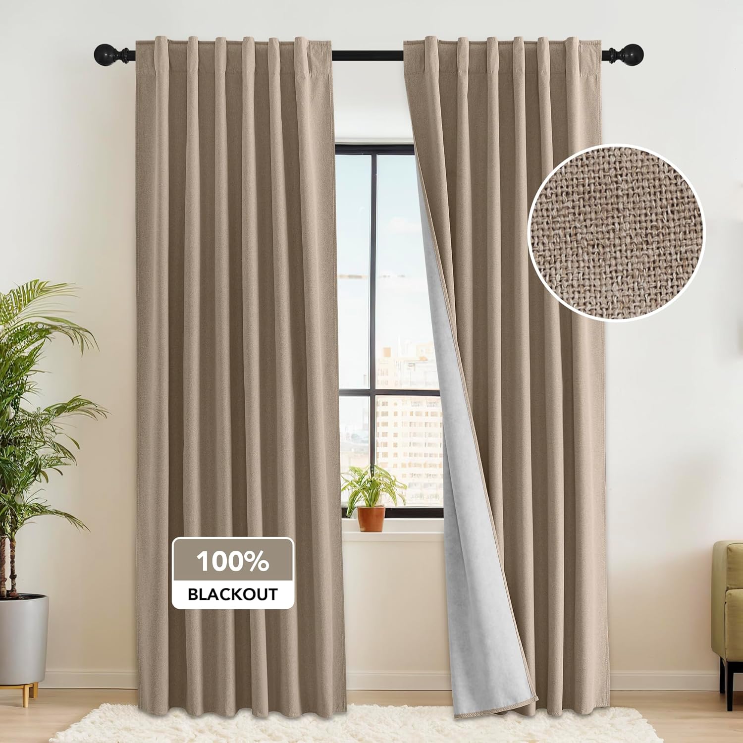 RYB HOME 100% Blackout Flax Linen Curtains 90 Inch Long, Light Block and Thermal Insulated Drapes, Total Blackout Curtains for Living Room/Bedroom/Nursery, 2 Panels, 52 Inch Wide, Mocha 52"W x 90"L (Pack of 2) Mocha