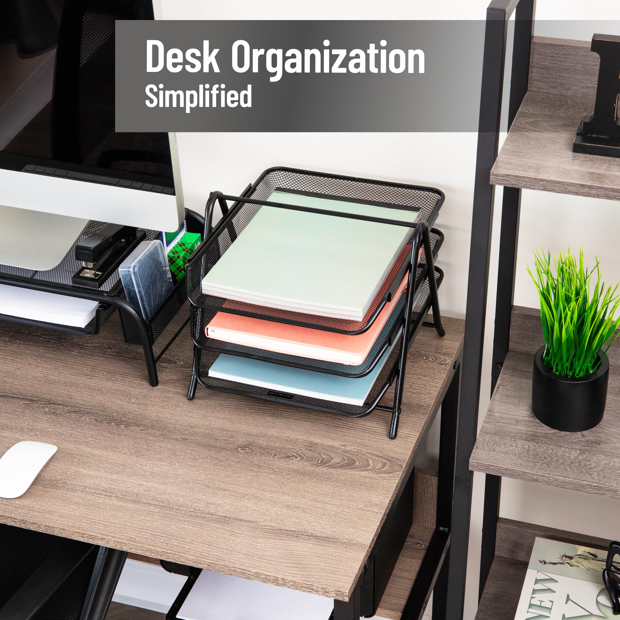 Condition photo showing New/Like New for Mind Reader 3-Tier Paper Tray, Desktop Organizer, File Storage, Workspace, Office, Metal Mesh, 11.75"L x 13.75"W x 10"H, Black