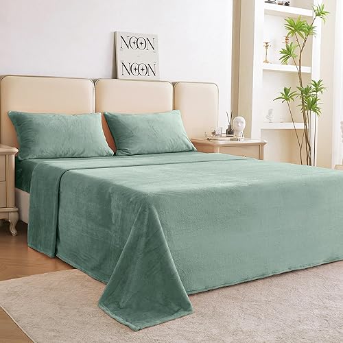 Miniatura 8 de Viviland Juego de sábanas de felpa de microforro polar tamaño Queen, sábanas de terciopelo de forro polar suave y mullido, sábanas de forro polar