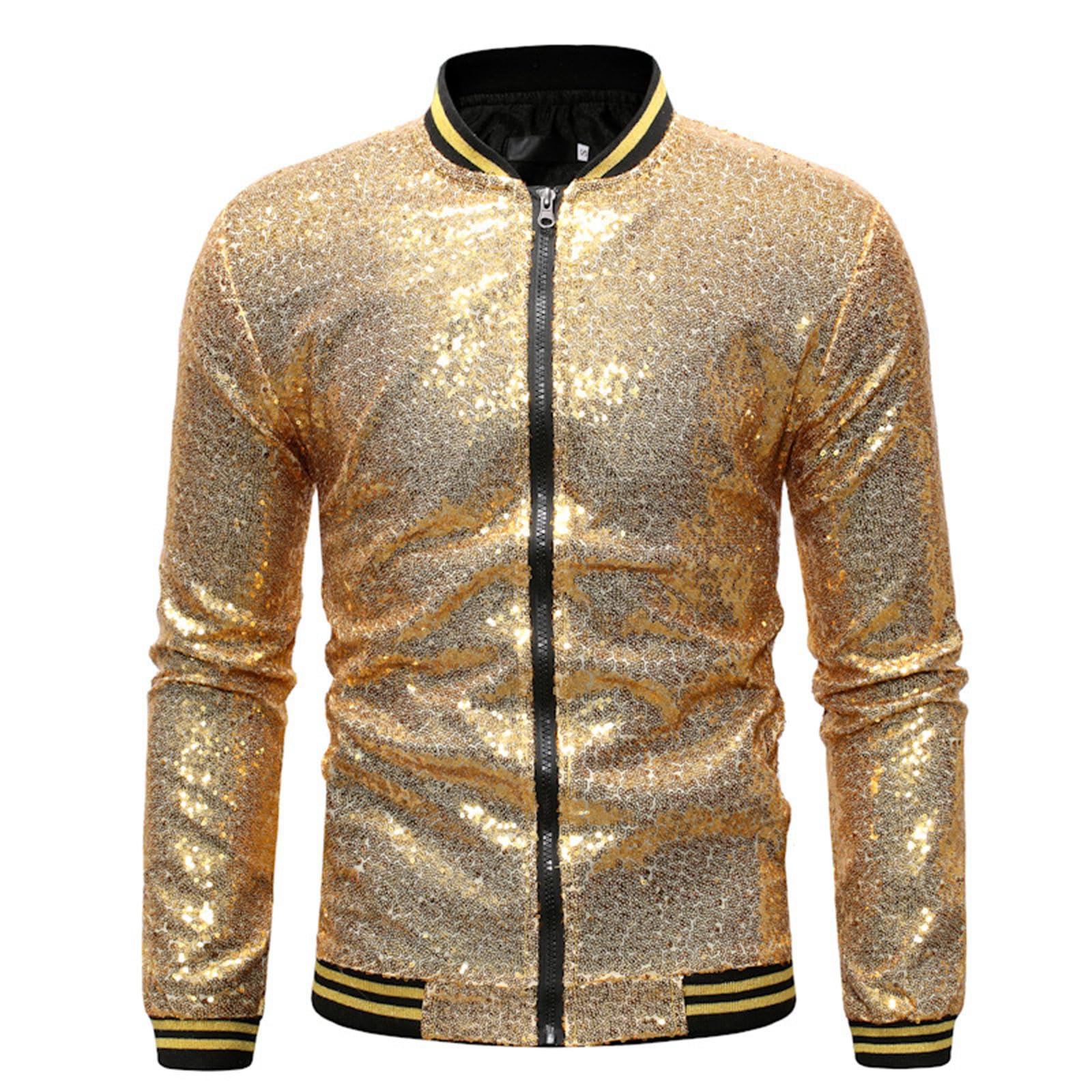 Générique Veste pour Homme À Paillettes Manches Longues Fermeture Éclair Ouverte Manteau De Costume Scintillant pour Fêtes Et Célébrations Blazer Pilote Métallique des Années 80 Disco