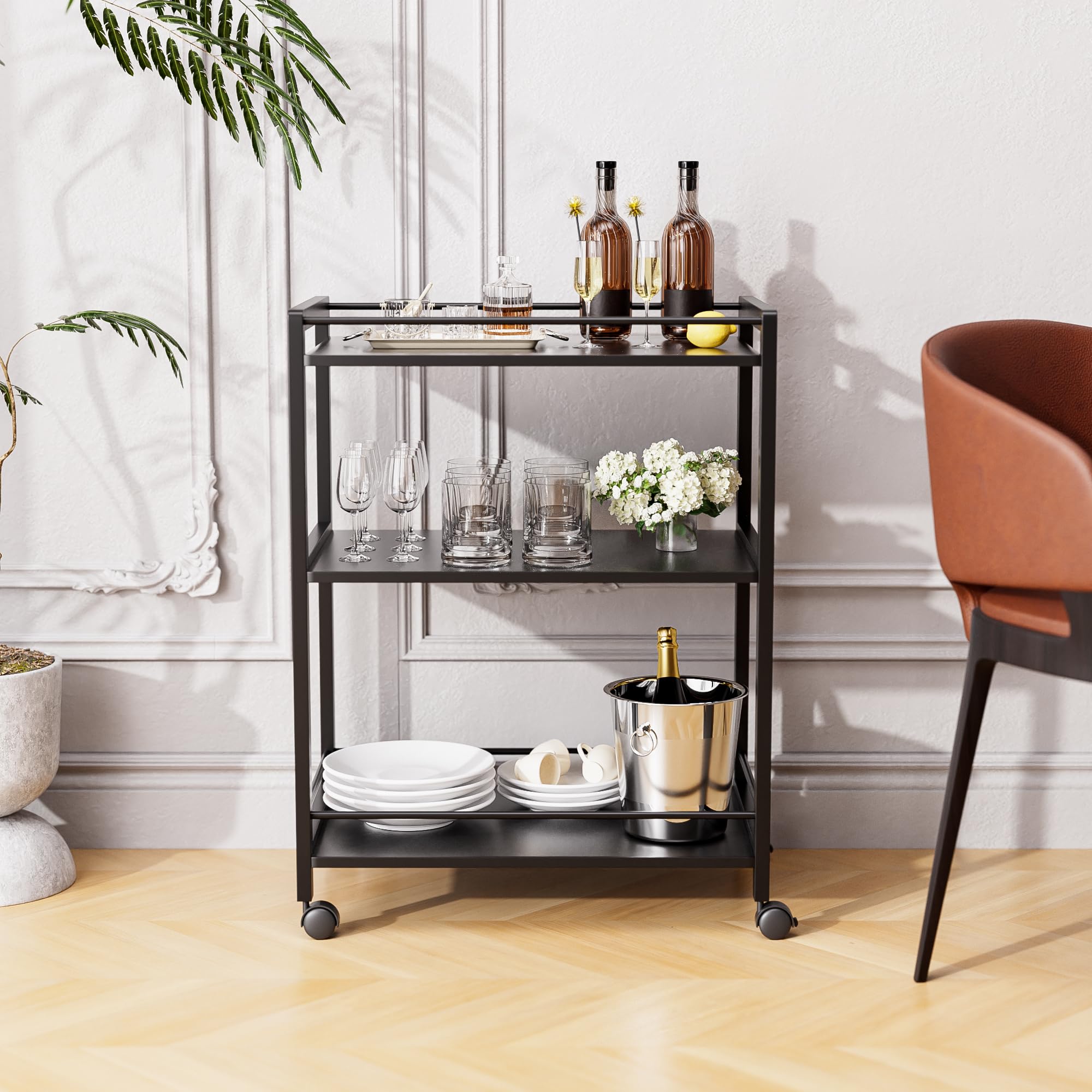 HITNET Carrito de Bar, Carro Bebidas de 3 Niveles, Carrito Auxiliar de Servicio con Ruedas, Ideal para Cocina, Baño y Oficina, Color Negro