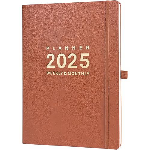 2025 Planner - January - December 2025, Planner 2025 Daily Weekly and Monthly, 8.5" x 11", Pen Holder, Calendar Stickers, Pocket, 25 Notes Pages, Faux Leather Cover, A4 Premium Paper - Brown