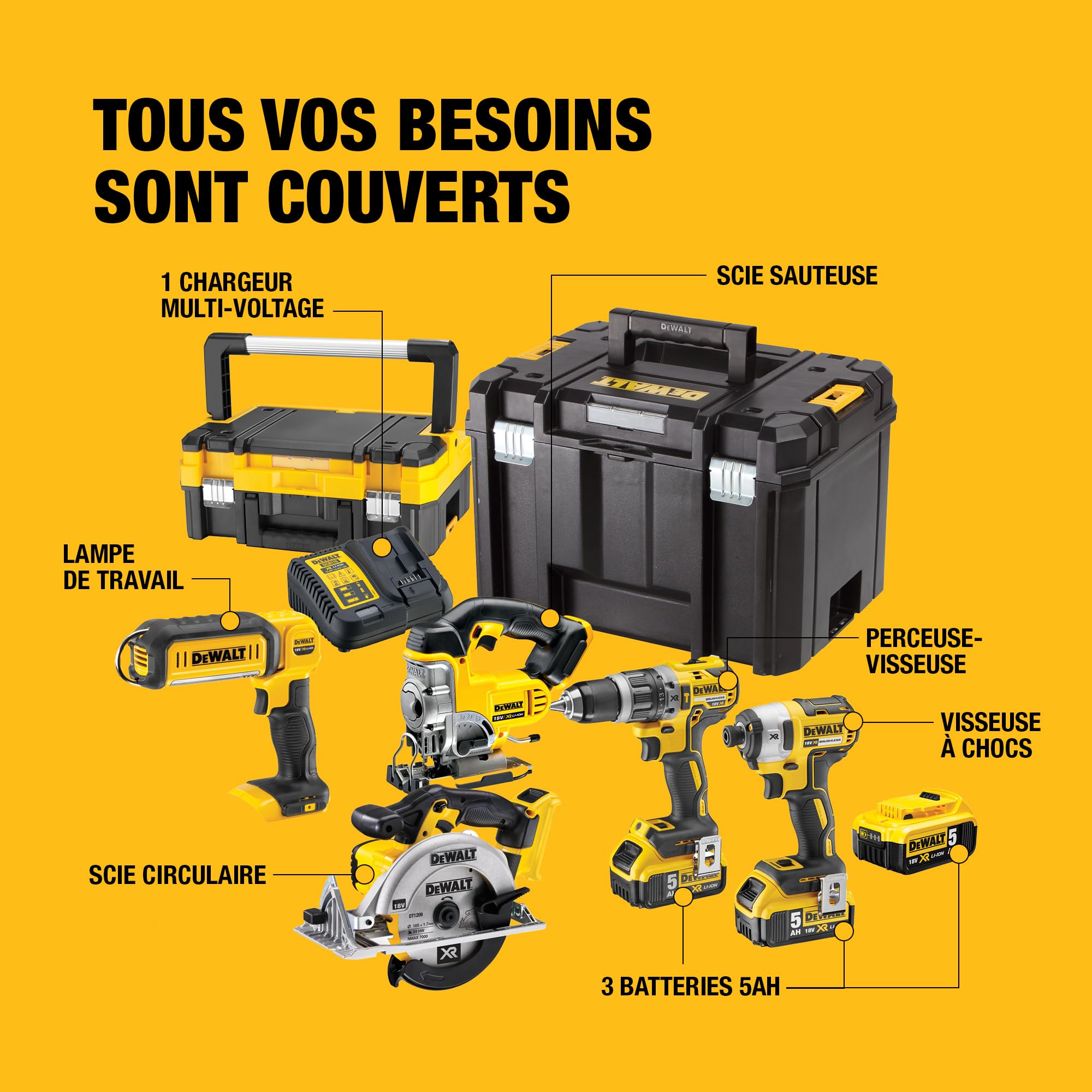 DEWALT - Pack 5 outils XR 18V, 1 perceuse-visseuse, 1 visseuse à chocs à 3 vitesses, 1 scie sauteuse, 1 scie circulaire, 1 lampe LED, 3 batteries 5Ah, 1 chargeur et 2 coffrets TSTAK, DCK551P3T-QW