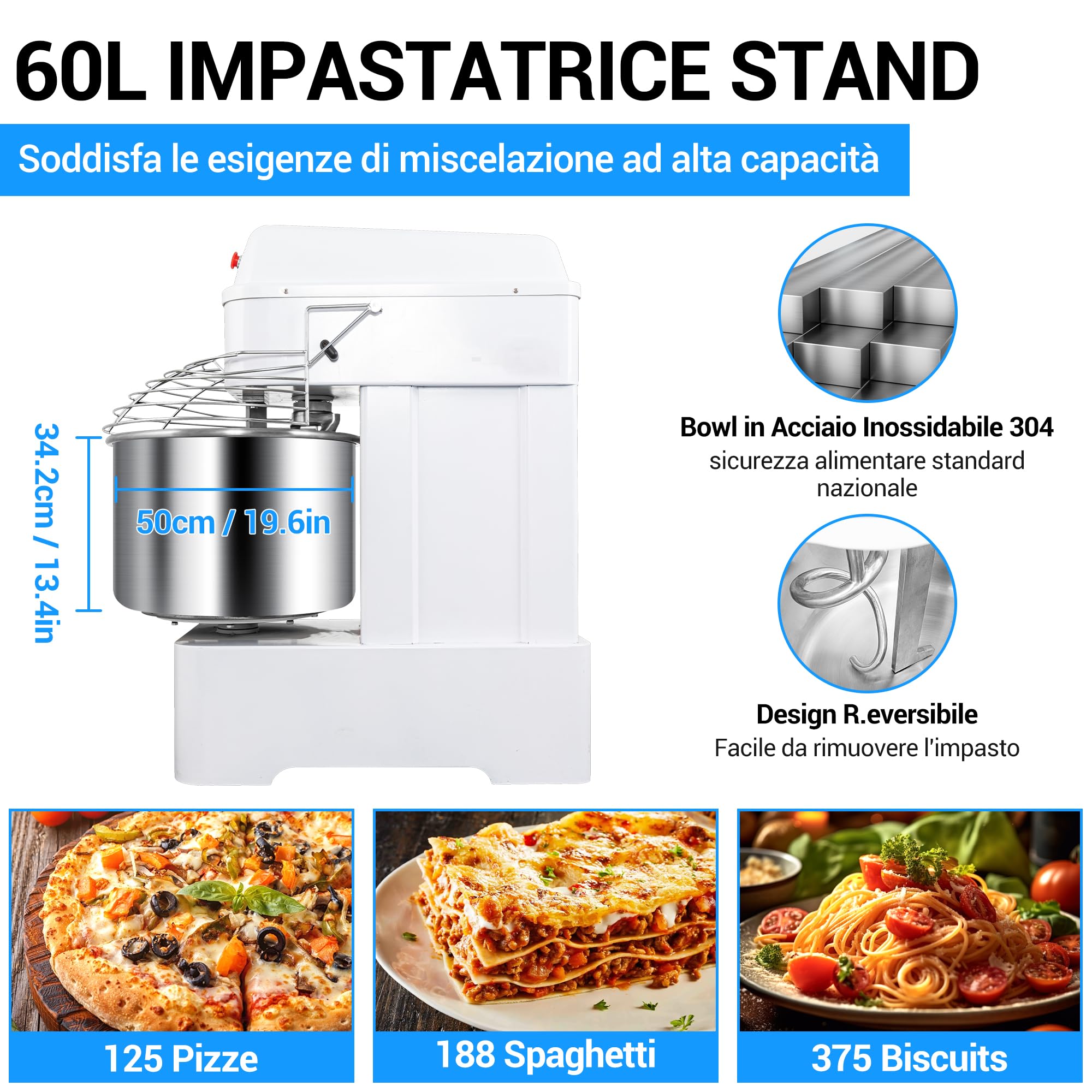 LEEVOT Impastatrice Planetaria, 4000W Planetaria Professionale, Ciotola in Acciaio 60L, 25KG Farina, 35KG Impasto, 2 Velocità Regolabili, Spegnimento Automatico, Alimentazione a 380V a tre fasi.