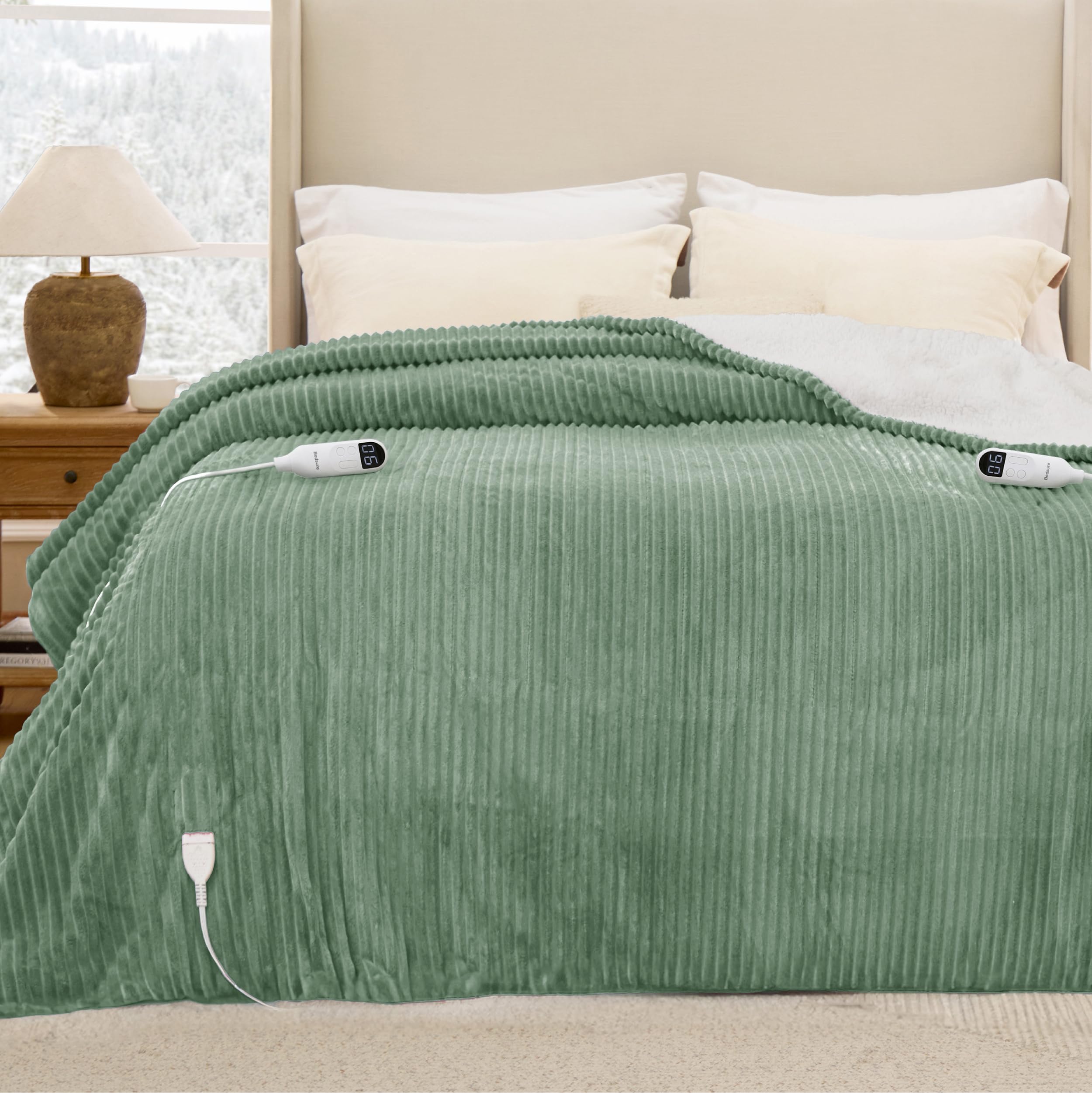 Bedsure Ribbed Electric Blanket King, Green Heated Blanket, Preheat | Fast Heating, Dual Control, 6 Heat & 6 Timer (Up to 10H) Settings, 8 Hours Auto-Off, ETL & FCC, Gifts for Grandma, 90"x100"