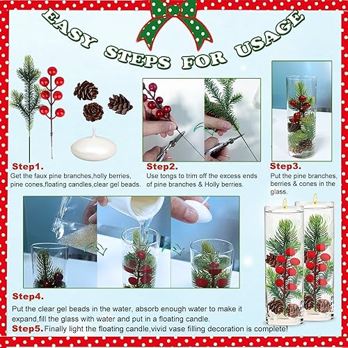 Miniatura 4 de Relleno de jarrón flotante de Navidad, 4 juegos de rellenos de jarrón de Navidad con velas flotantes, bayas de acebo artificiales, púas de piña,
