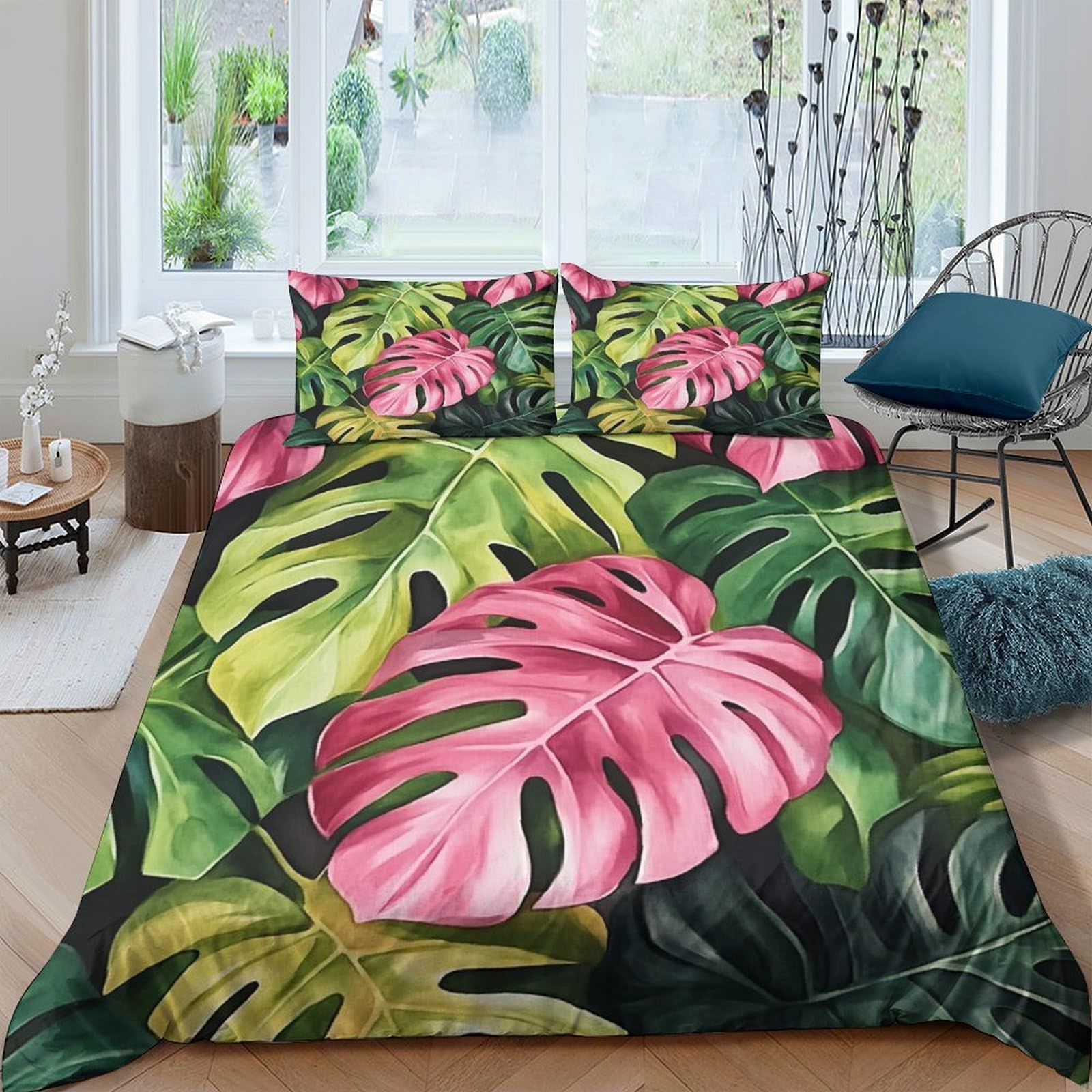 Ctjqhvkz Style-3 3D Printed Tropical Monstera Fitted Sheet Microfiber Soft Green Pink Leaf Bed Cover For Bedroom Decor Mattress Protection Single（135X200cm）