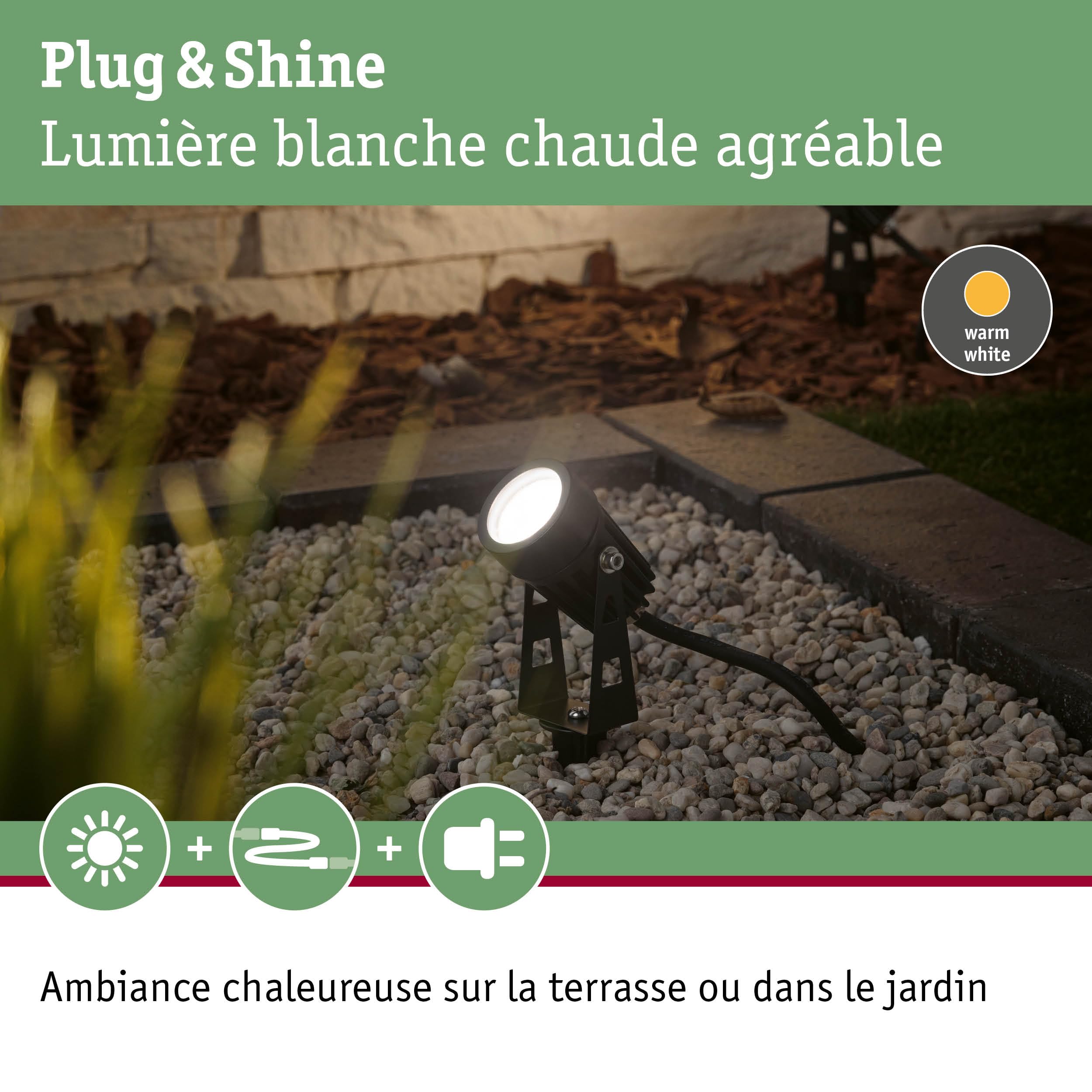 Paulmann 94373 Plug & Shine Projecteur de jardin LED blanc chaud Set de base IP65 3000K 3x3,5W 21VA Noir