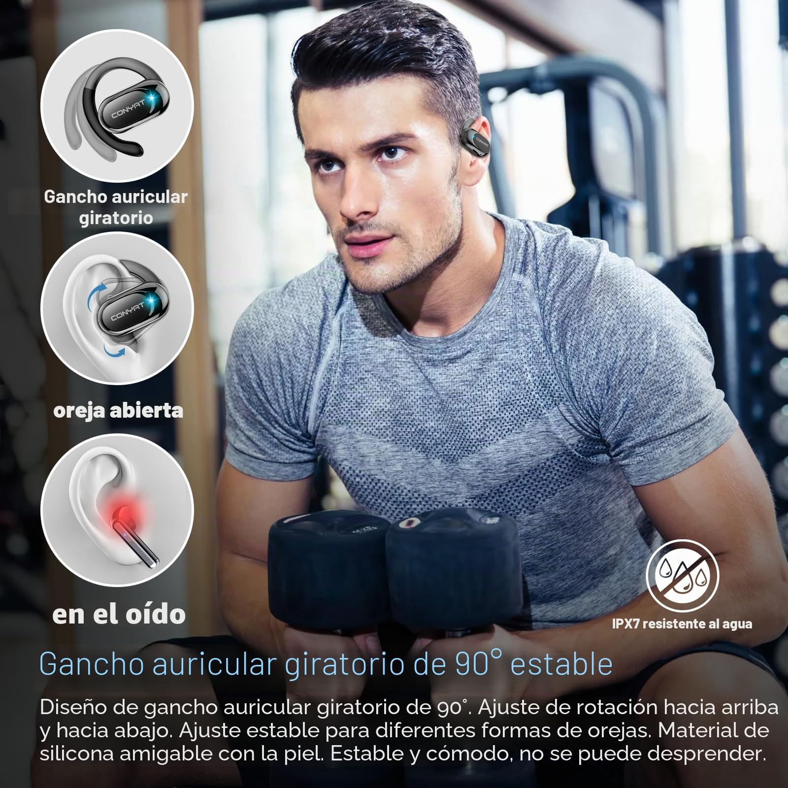 Auriculares Oreja Abierta, 58H Auriculares Deportivos Bluetooth 5.4, HiFi Estéreo Cascos Inalámbricos, Ganchos Giratorios para Orejas, Llamada ENC, IPX7 Impermeable para Fitness Correr, Negro