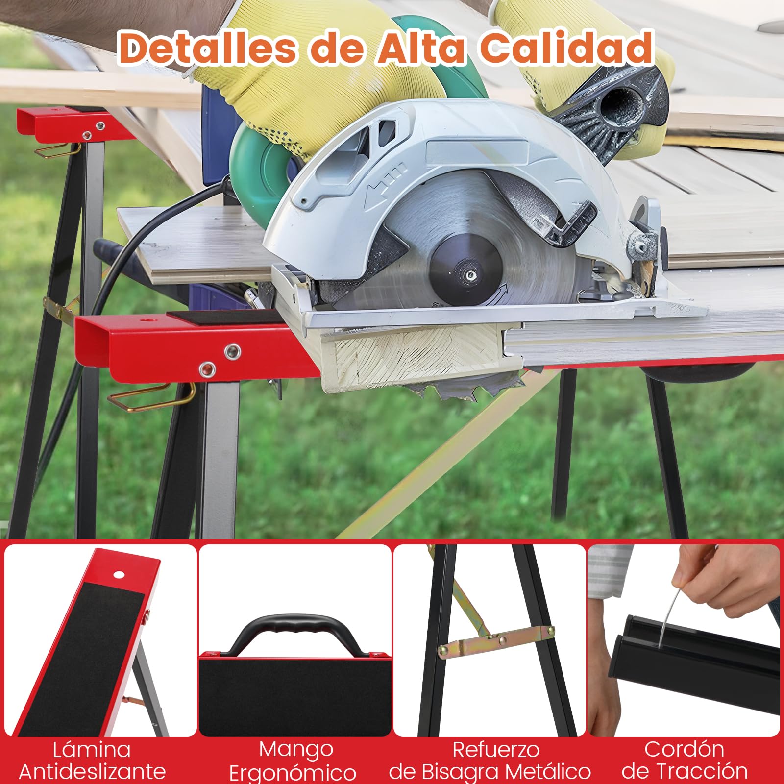 GOPLUS Juego de 2 Caballetes de Sierra Plegables, Caballete de Metal Galvanizado con Superficie Antideslizante y Asa, Capacidad de 375 kg, Soporte Portátil para Herramientas Carpintería Bricolaje