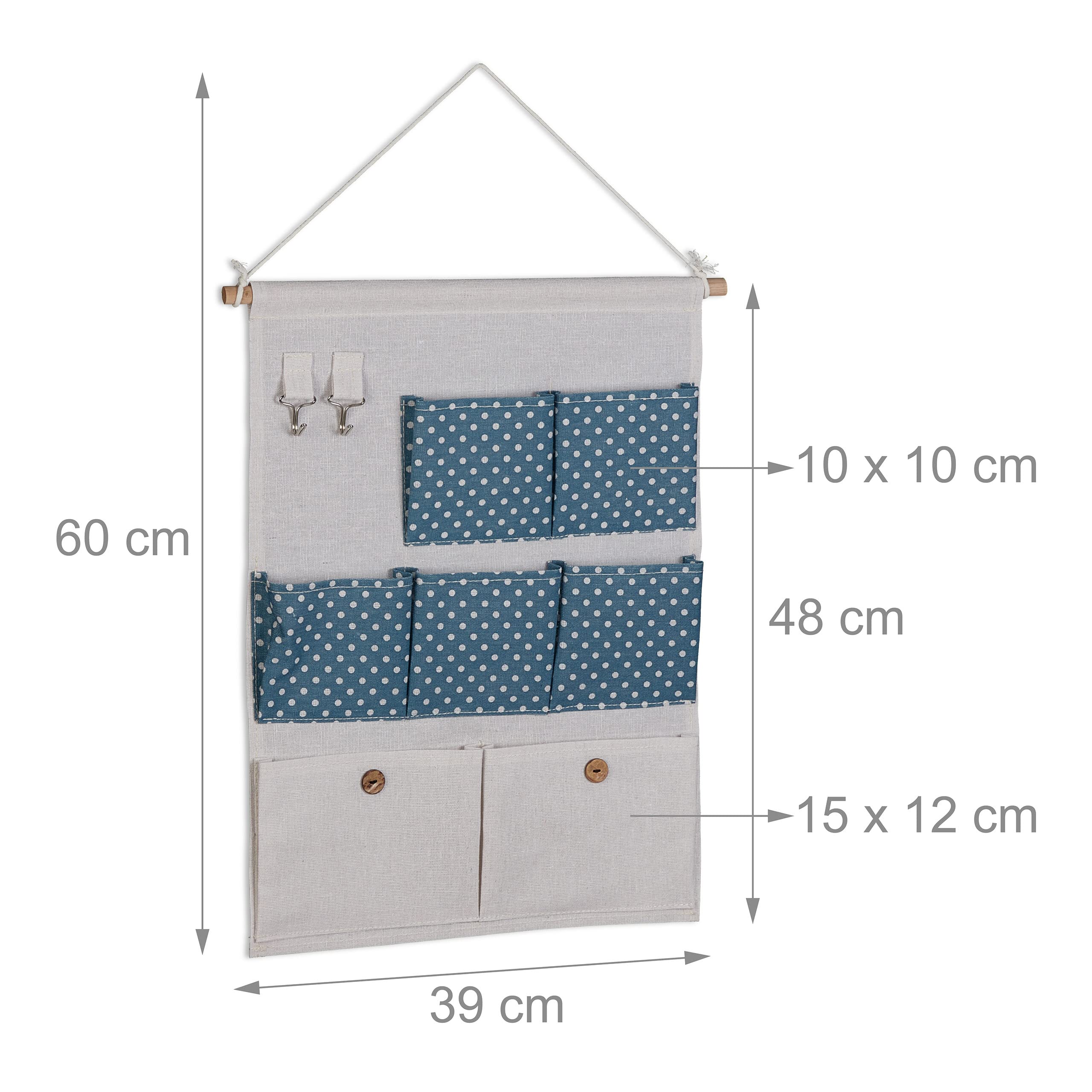 Relaxdays Organizer da Parete, 7 Tasche in Stoffa Portaoggetti, 2 Ganci Portachiavi, Ingresso, HxL: 60x39 cm, Crema Blu
