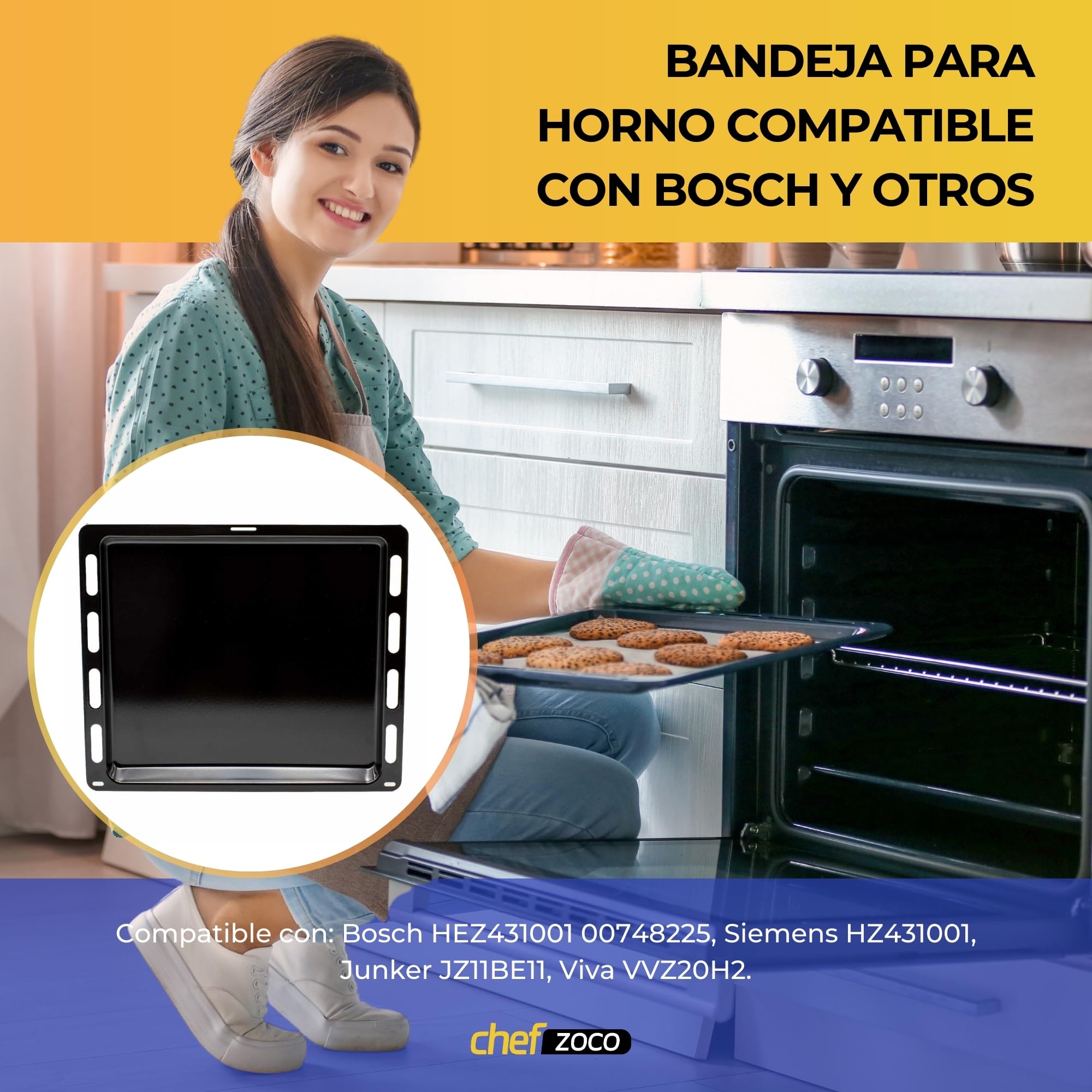 CHEFZOCO Bandeja para horno, Fuente para horno, Bandeja esmaltada, Compatible con Bosch HEZ431001 00748225, Siemen HZ431001, Junker JZ11BE11, Viva VVZ20H2, HC490, S2K, 370 mm profundo x 442 mm ancho