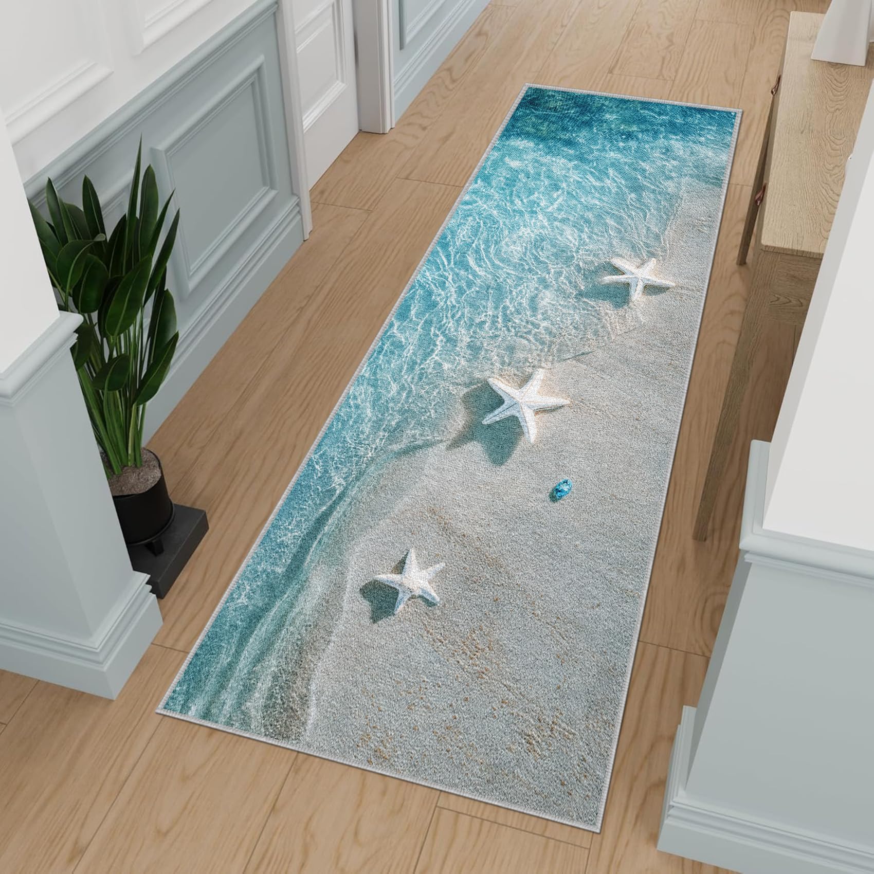 Generisch Meer Strand Läufer Teppich Flur 60x180cm Waschbar Seestern Teppichläufer rutschfest Kurzflor Teppich Läufer für Eingang, küche, Schlafzimmer, Wohnzimmer, Korridor kT&Q365