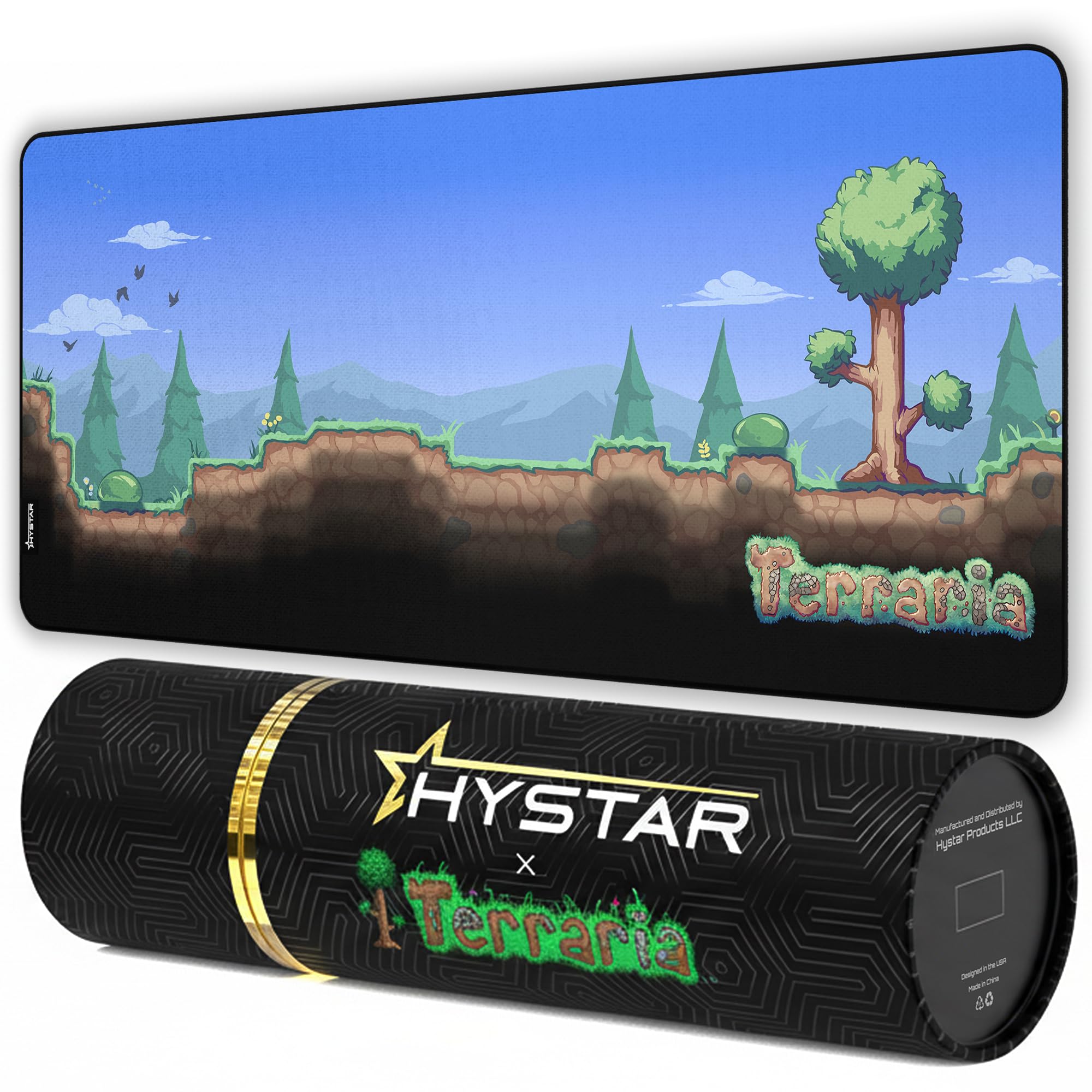 Hystar x Terraria Erweitertes Gaming-Mauspad, XXL, 91,4 x 40,6 cm, 5 mm dick, wasserdichte Oberfläche, glattes Polyestergewebe und Unterseite aus Naturkautschuk (Overworld)