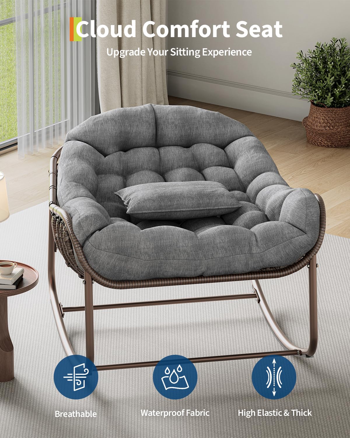 Papasan Schaukelstuhl Übergröße für Garten & Balkon – Rattan Ei-Design, Dicke Polsterung, Metallrahmen – Bequemer Outdoor & Indoor Lounge Sessel für Terrasse, Wohnzimmer, Schlafzimmer –