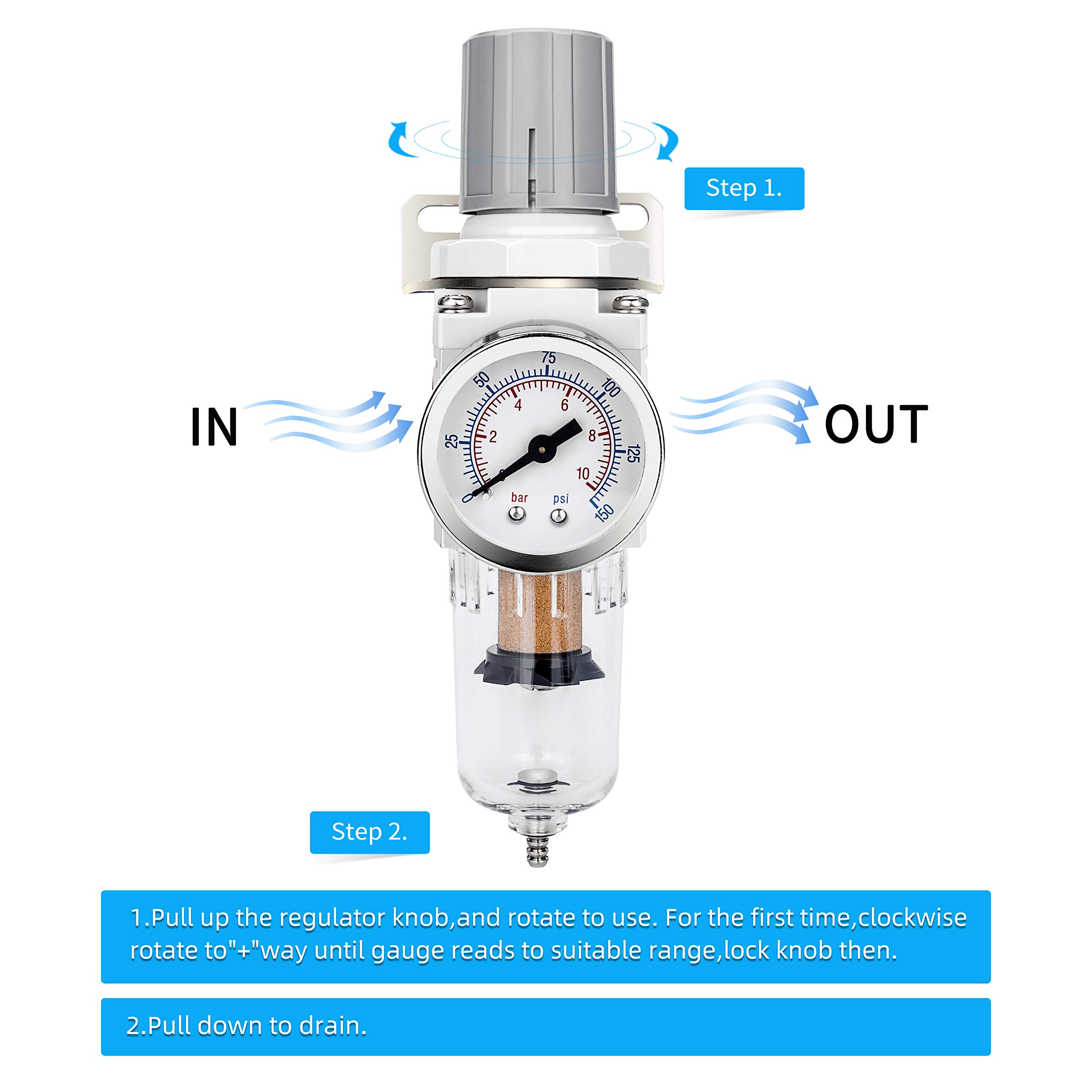 NANPU 1/4" BSP Filtro Regulador de Aire, Separador de Agua y Reductor de Presión, Elemento de Latón de 5 μm, Recipiente de Polietileno, Drenaje Semiautomático, Soporte de Metal, Manómetro de 0-10 Bar