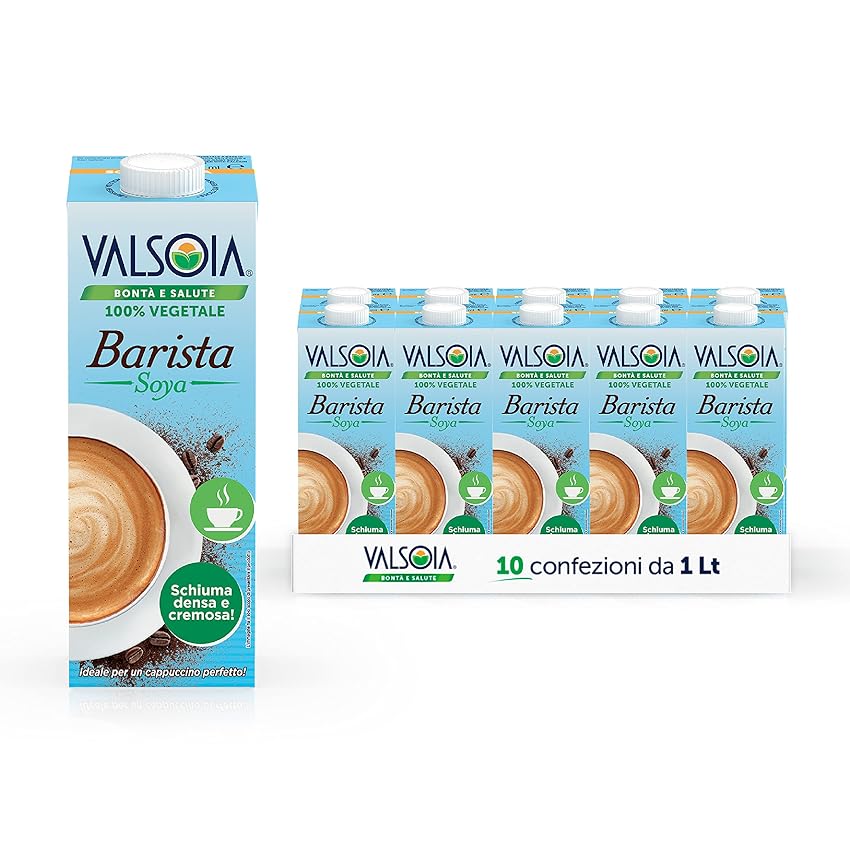 Immagine del prodotto Valsoia - Bevanda Soia Barista, Box da 10 Tetra Brik da 1000 ml, 100% Vegetale, Senza Lattosio, Ideale per Vegani, Vegetariani e Celiaci, Perfetto per Cappuccino, Schiuma Densa e Cremosa