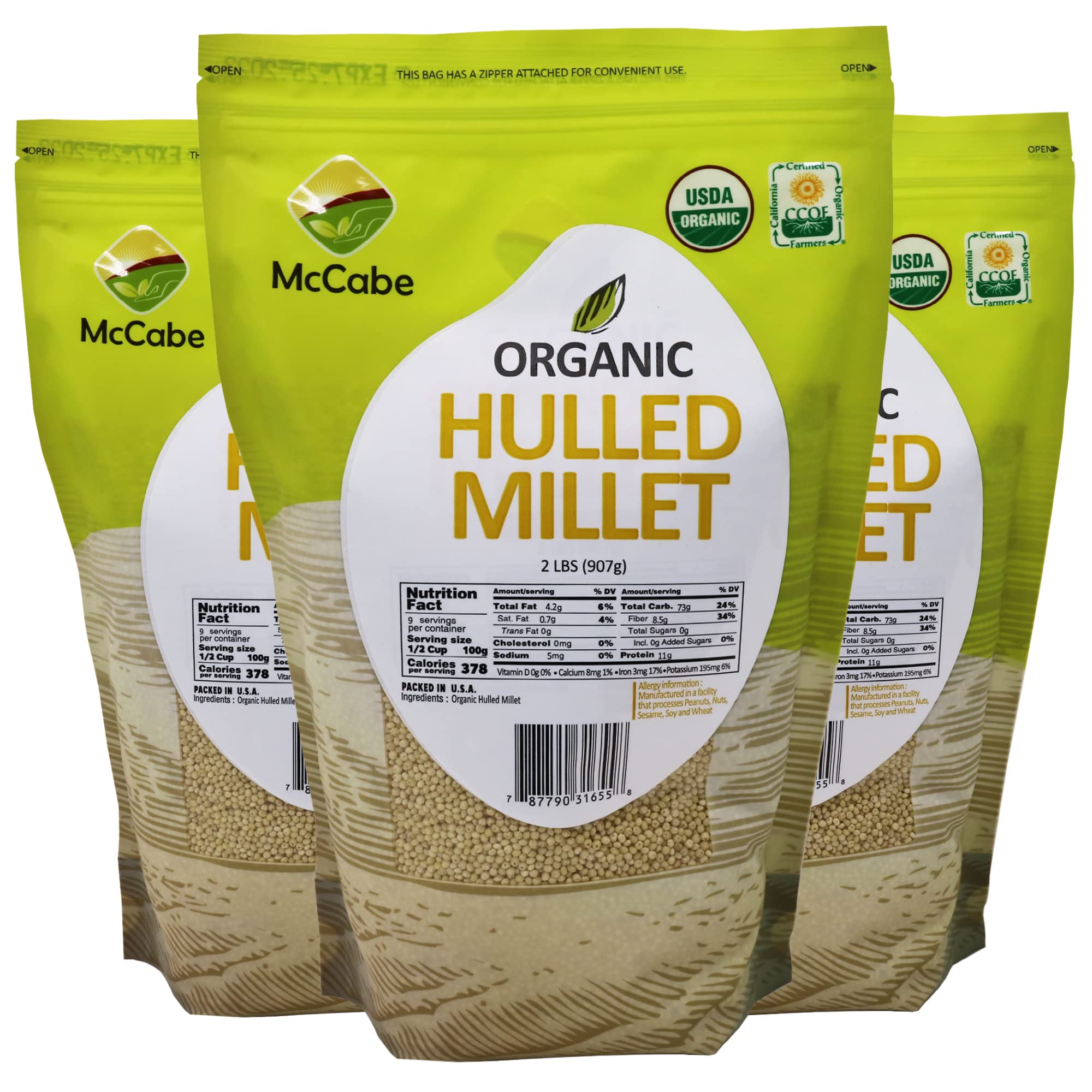 McCabe Organic Hulled Millet - Millet Organic | Rich with Fiber & Minerals | USDA and CCOF Certified | Packed in USA | 2Lbs (Pack of 3)