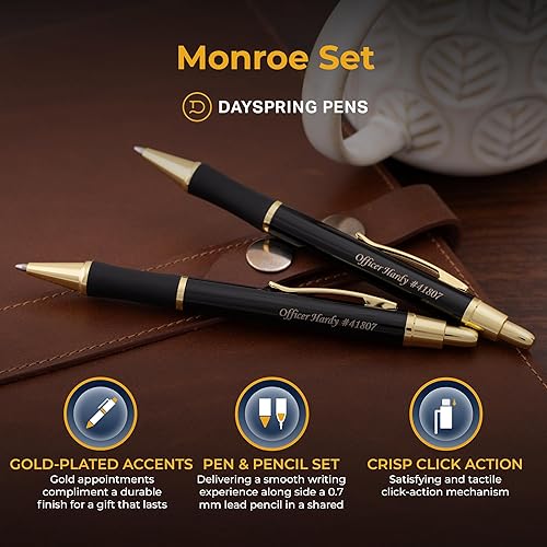 Miniatura 4 de Dayspring Pens Set de regalo personalizado de bolígrafo y lápiz Monroe - Acabado de laca negra. Grabado personalizado de tu nombre o mensaje. Caja