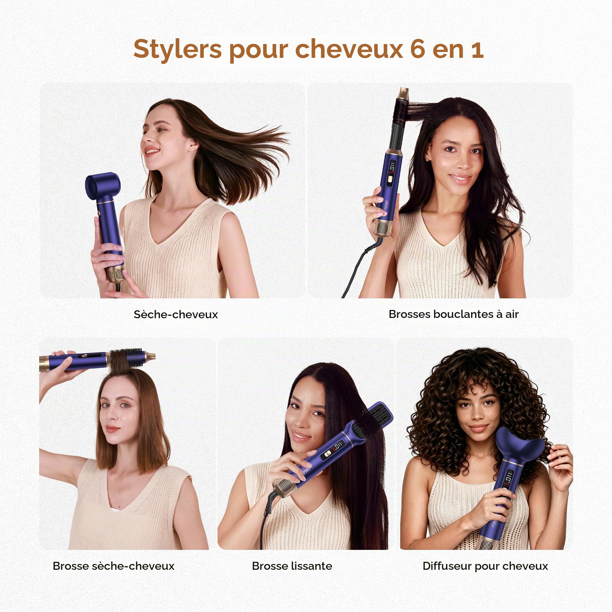 UKLISS Seche Cheveux Hair Styler 6 en 1,Diffuseur Cheveux Bouclés, Fer à Boucler à Air de 30 mm,LCD Affichage de la Température,Air Styler Multifonctionnel 1000w,Pour Lisser, Boucler les Cheveux
