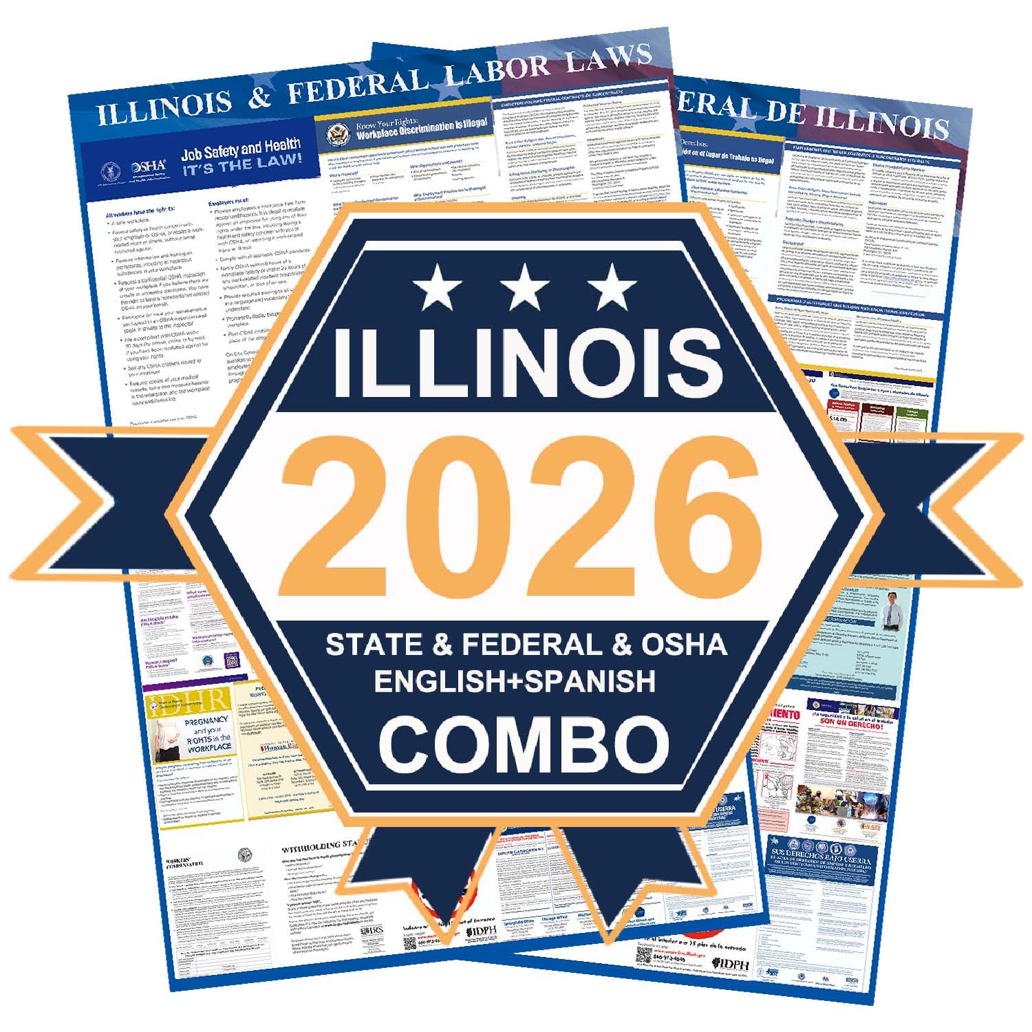 KIKIGO 2026 Illinois State &amp; Federal Labor Laws Poster OSHA Bilingual Poster