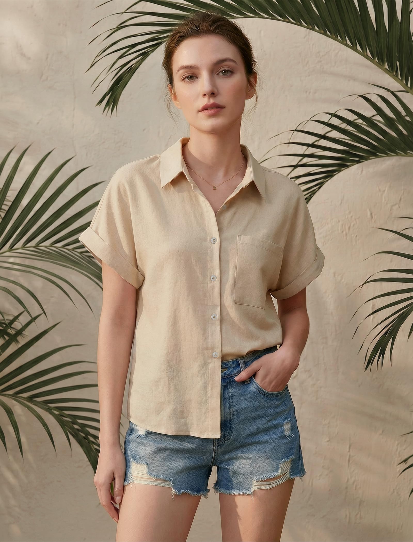 Enmain Camisa Lino Mujer Manga Corta Verano Camisas Blusa de Lino y Algodón de Botones Cuello en V Color Liso Casual Shirt Mujer Elegante Cómoda para Playa Trabajo