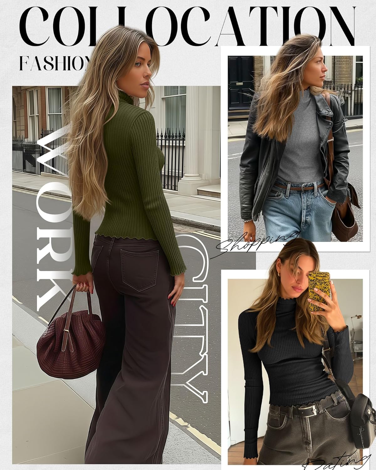 3 Pack Women's Turtleneck Cotton Shirts, Long Sleeve Ribbed Lettuce Trim Mock Neck Slim Fit Tops Soft Base Layer - Image 4