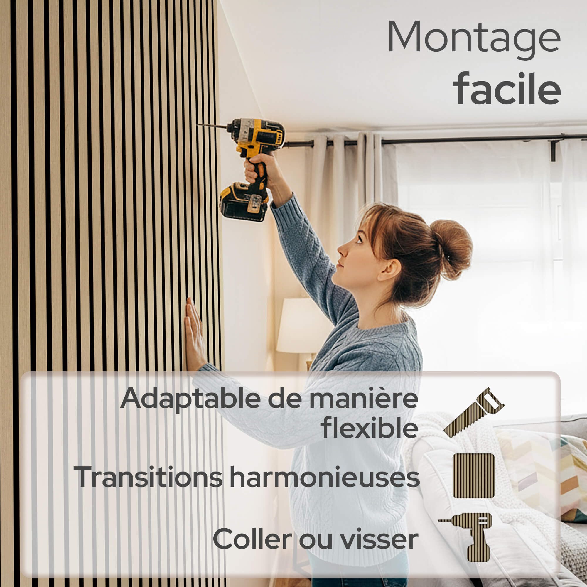 Arebos Lot de 4 Panneaux Acoustiques 120×60 cm | Panneaux Muraux à Lattes Aspect Bois pour Mur & Plafond | Haute Absorption Acoustique | Installation Facile & Découpable